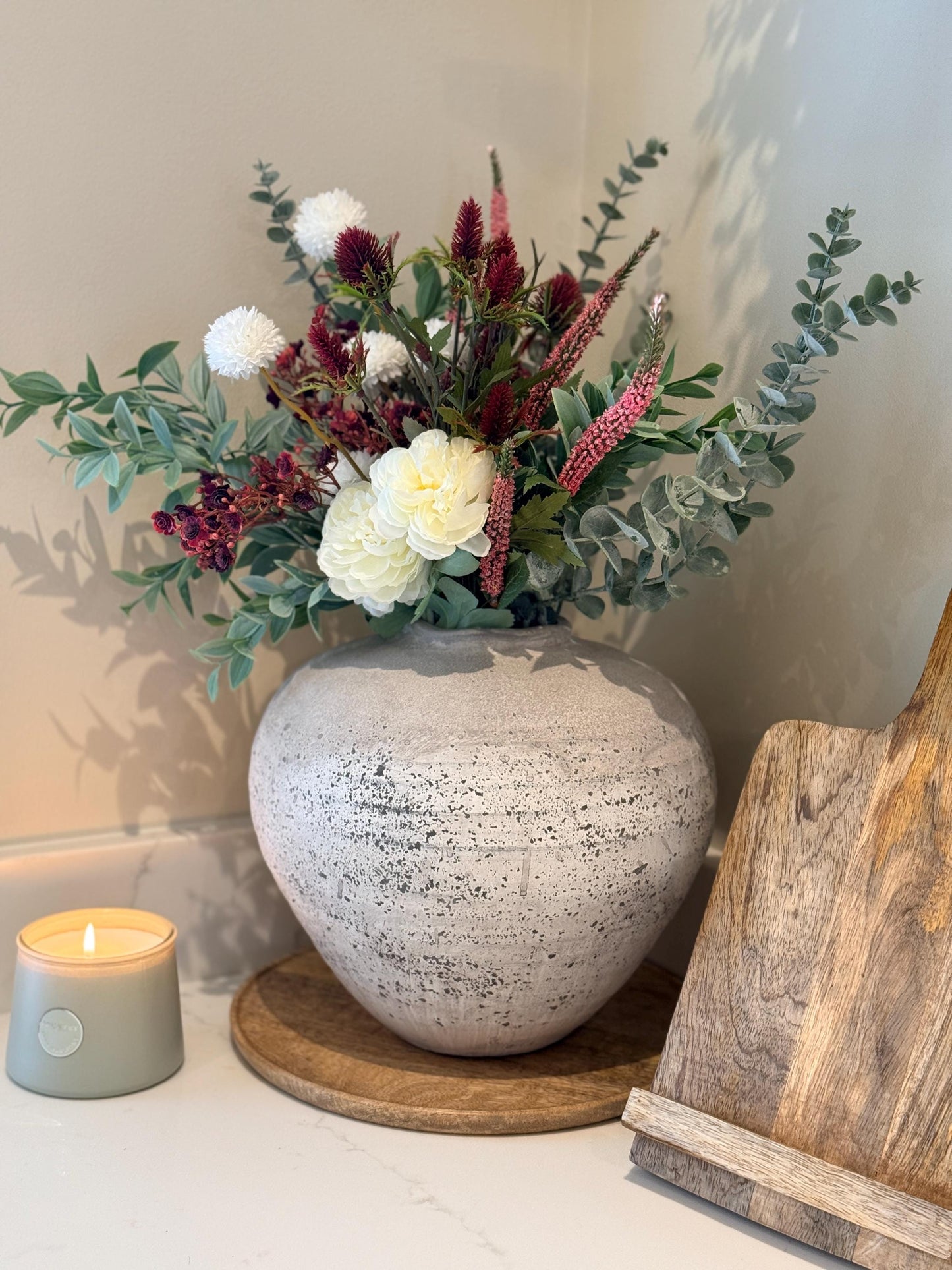 Aurora – Handmade Luxury Autumn Faux Burgundy Flower Cream Ranunculus Arrangement