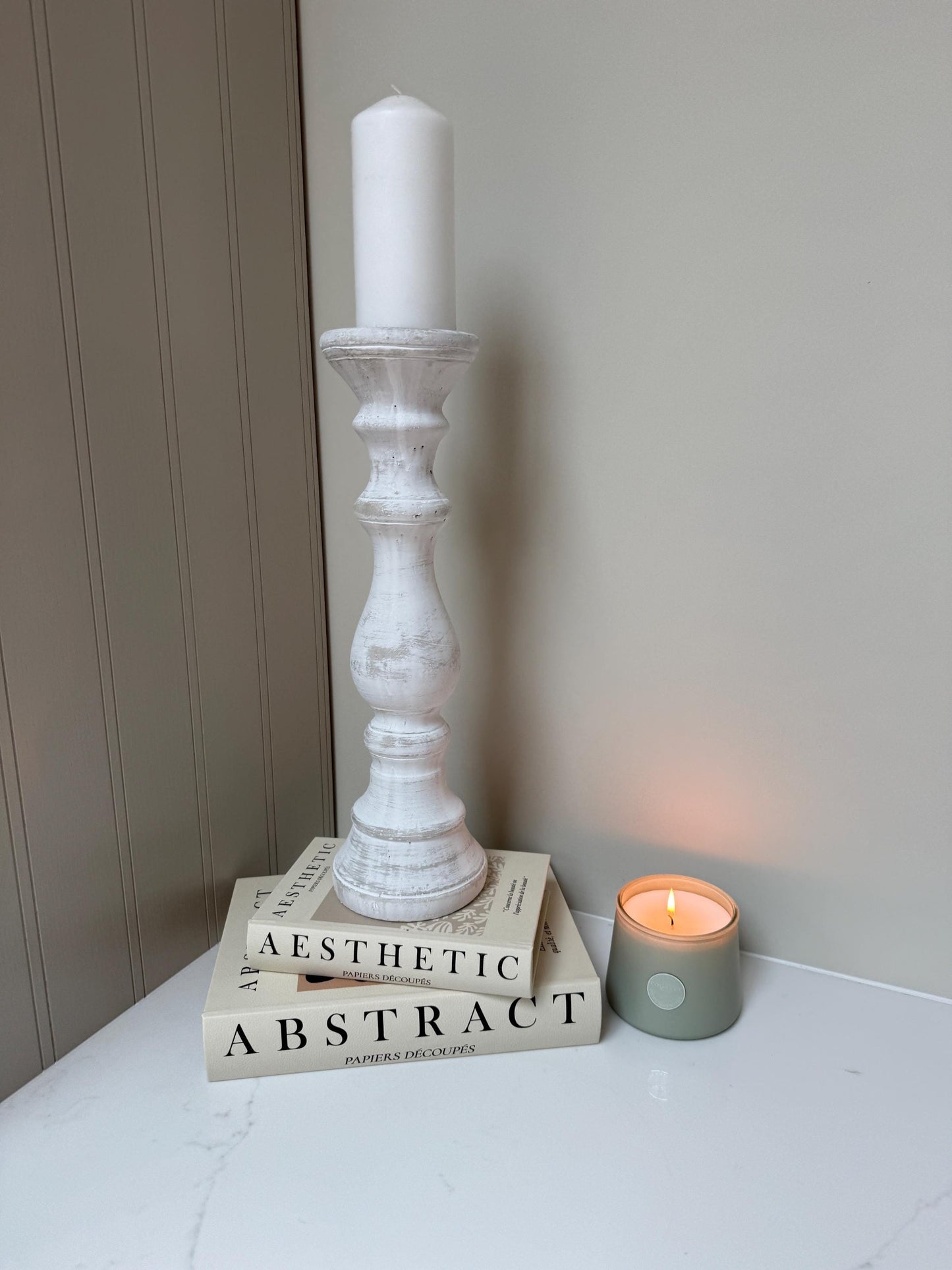 Handcrafted Whitewashed Stone Pillar Candle Stick Stand Holder