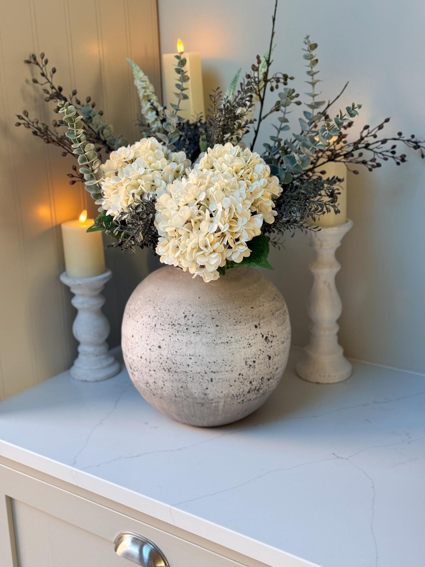 Gracie – Luxury Silk Autumn Floral Arrangement | White Hydrangea and Eucalyptus