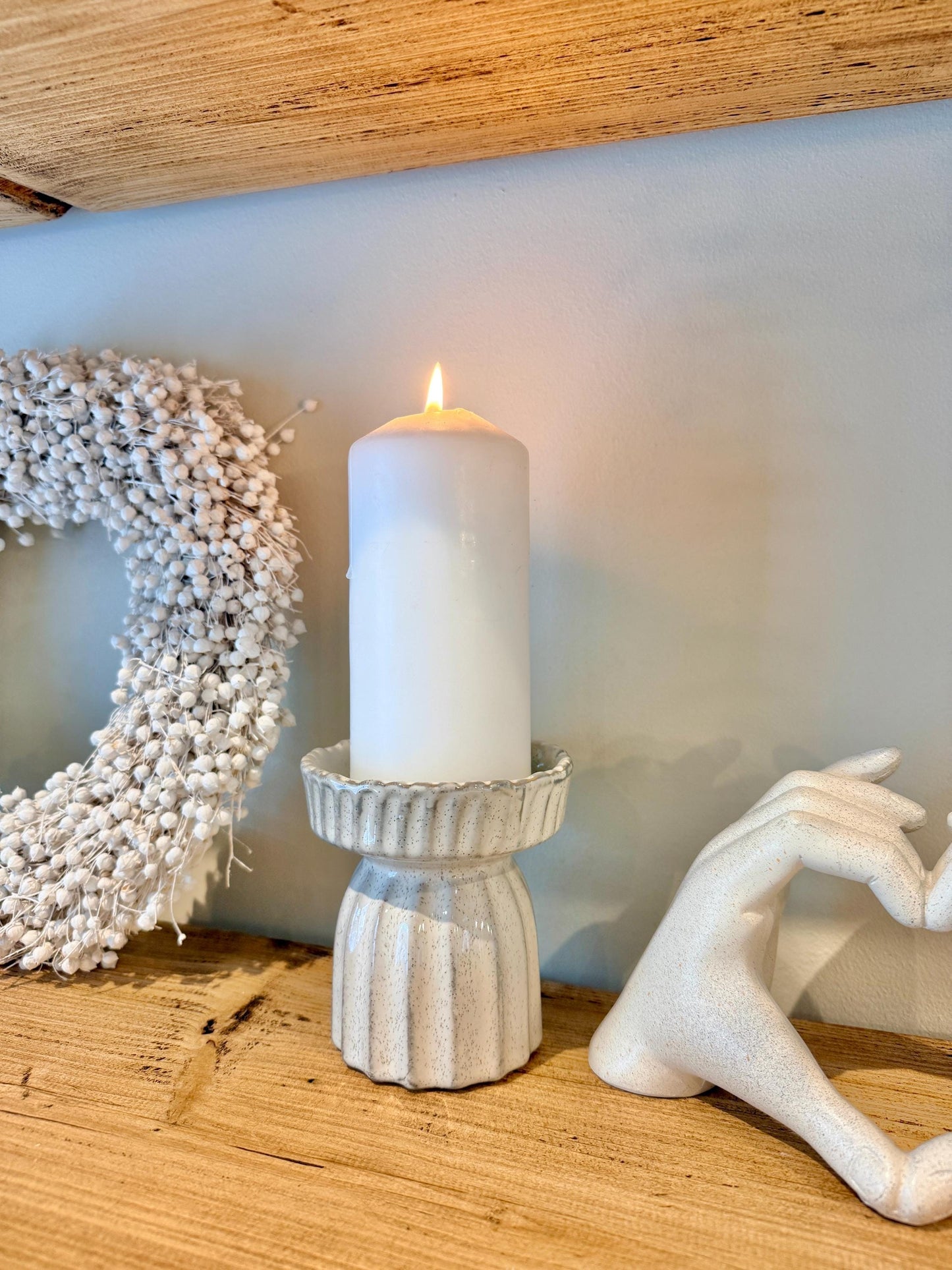 Handcrafted Neutral Ceramic Ribbed Beige Pillar Candle Stick Holder Stand