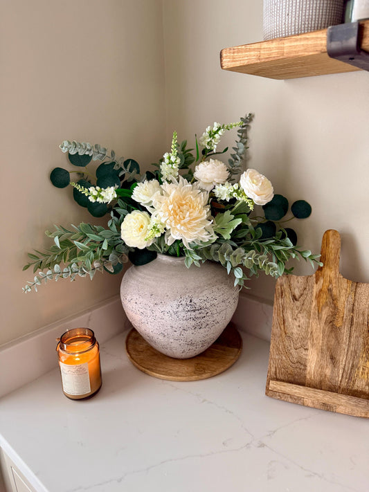 White Wedding Handmade Faux Flower Arrangement | Luxury White & Green Eucalyptus Display