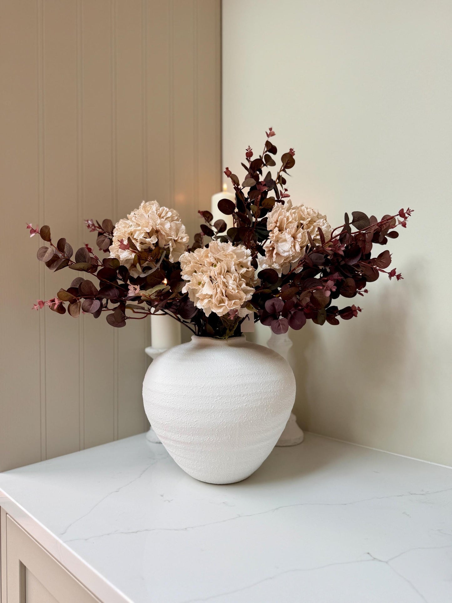 Handmade Luxury Silk Autumn Floral Arrangement | Burgundy and Blush Dried Hydrangea Artificial Flower Bouquet with White Vase - "Nala"