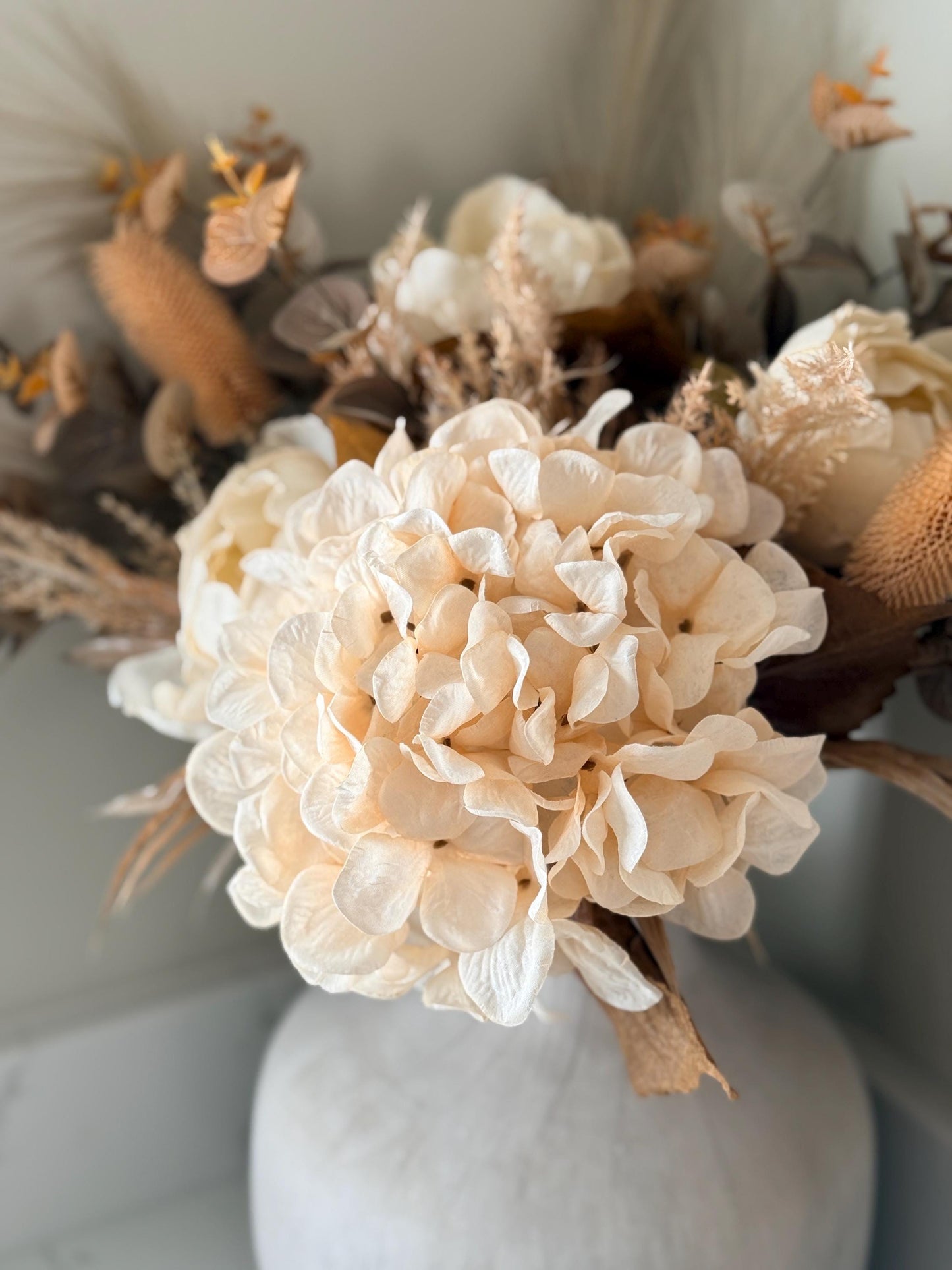 Sophia | Handmade Autumn Dried Look Boho Faux Flower Arrangement with Peonies, Hydrangea, Pampas & Eucalyptus | Neutral Wedding Flowers