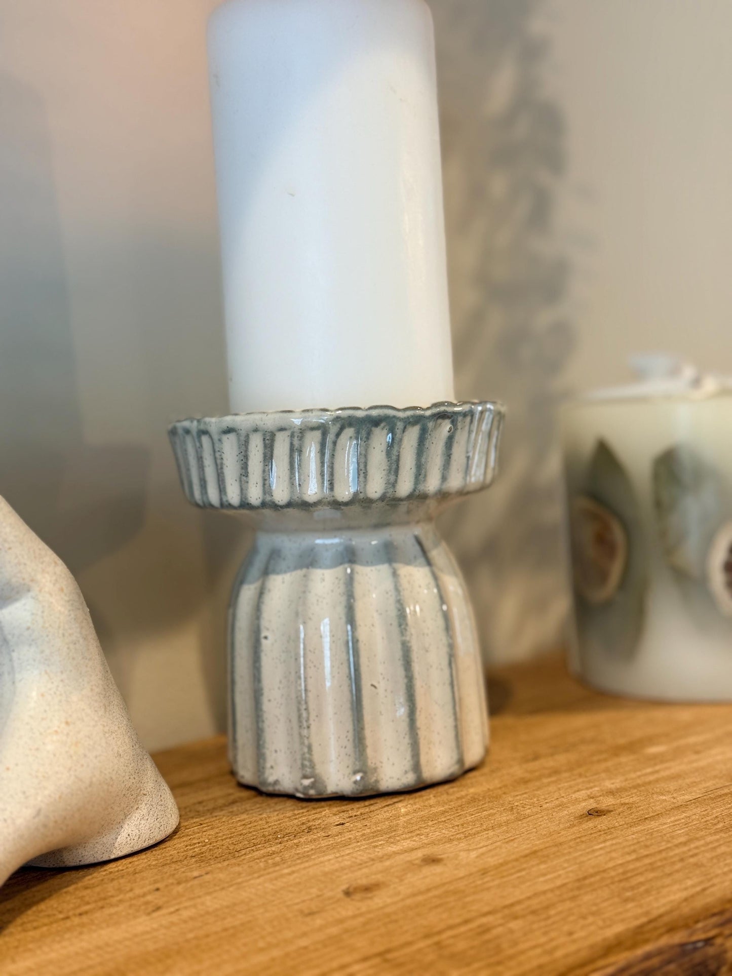 Handcrafted Neutral Ceramic Ribbed Beige Pillar Candle Stick Holder Stand