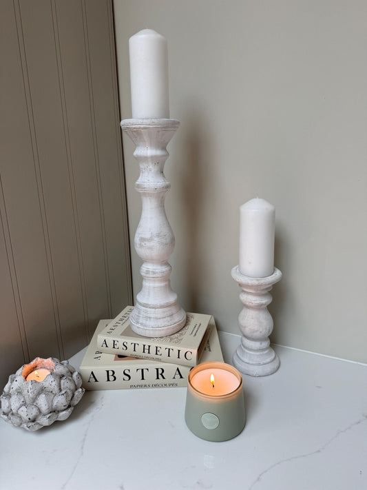 Handcrafted Whitewashed Stone Pillar Candle Stick Stand Holder