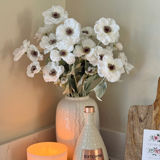 Large Cream Floral Detail Vase with Poppy Stems