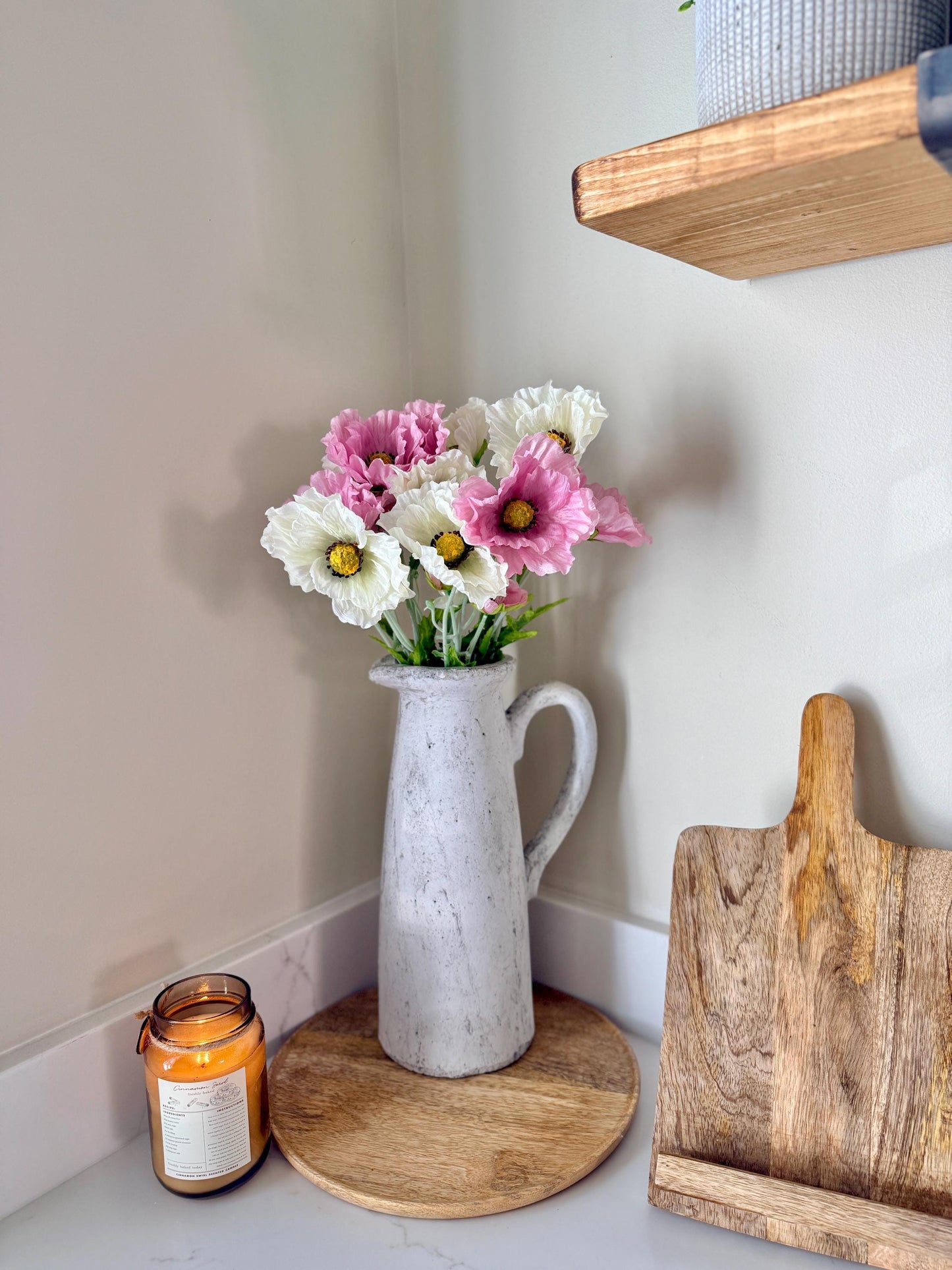 Tall Poppy Stems in Pink & White – Artificial Flowers | Realistic Poppies for Vases, Rustic Farmhouse Modern Home Decor