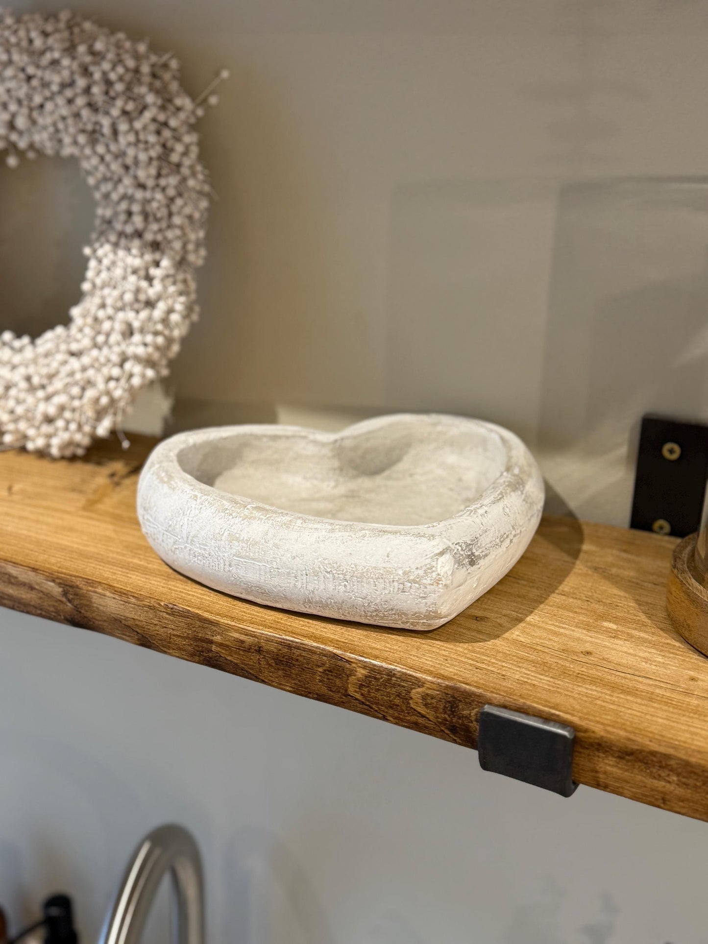 Rustic White Washed Grey Heart-Shaped Stone Trinket Dish