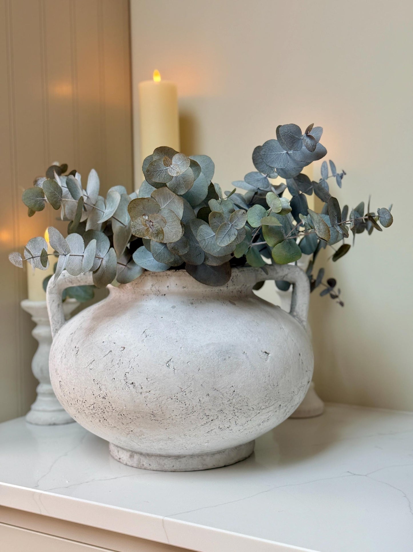 Large Rustic Stone Vase with Handles: Distressed Grey Concrete Finish