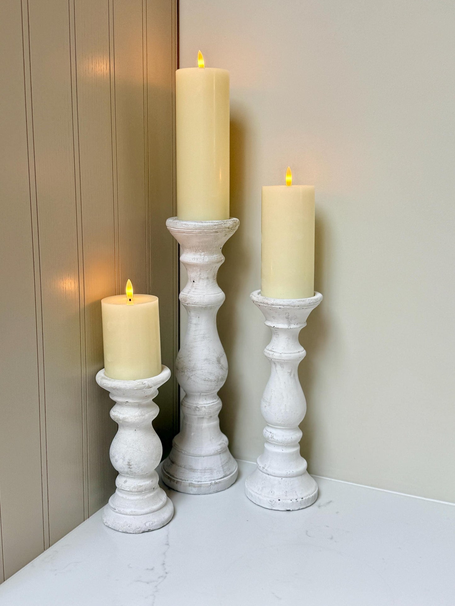 Handcrafted Whitewashed Stone Pillar Candle Stick Stand Holders
