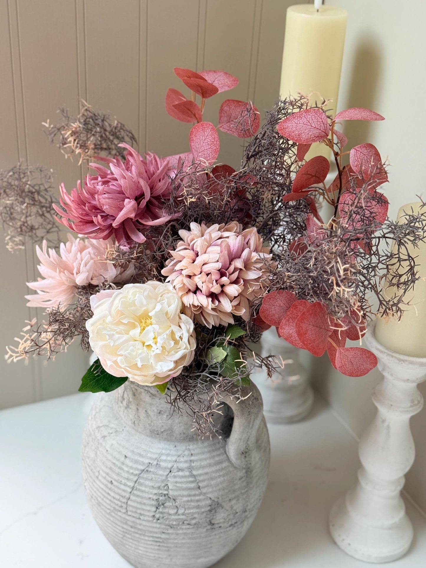 Emilia – Luxury Autumn Faux Burgundy and Dusky Pink Silk Peony Chrysanthemum Arrangement