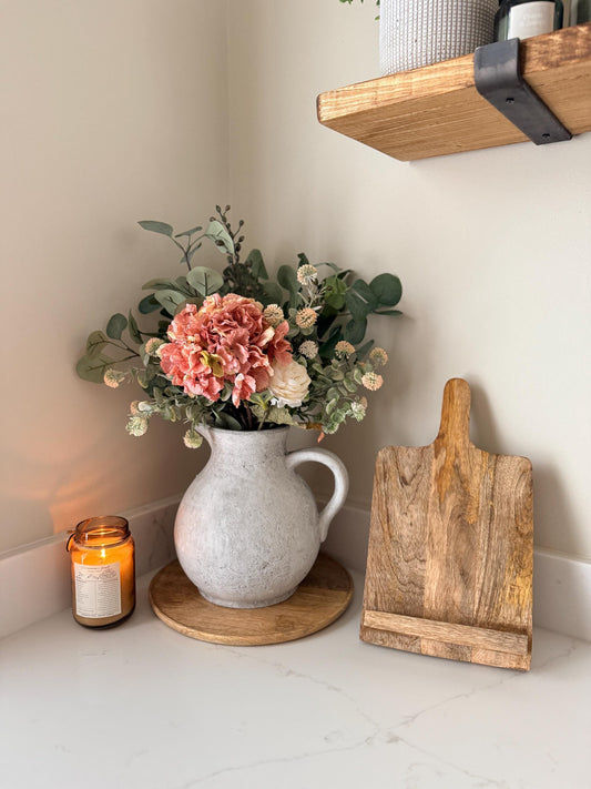 Mabel – Handmade Luxury Silk Autumn Floral Arrangement | Rustic Jug Vase | Hydrangea, Ranunculus and Eucalyptus
