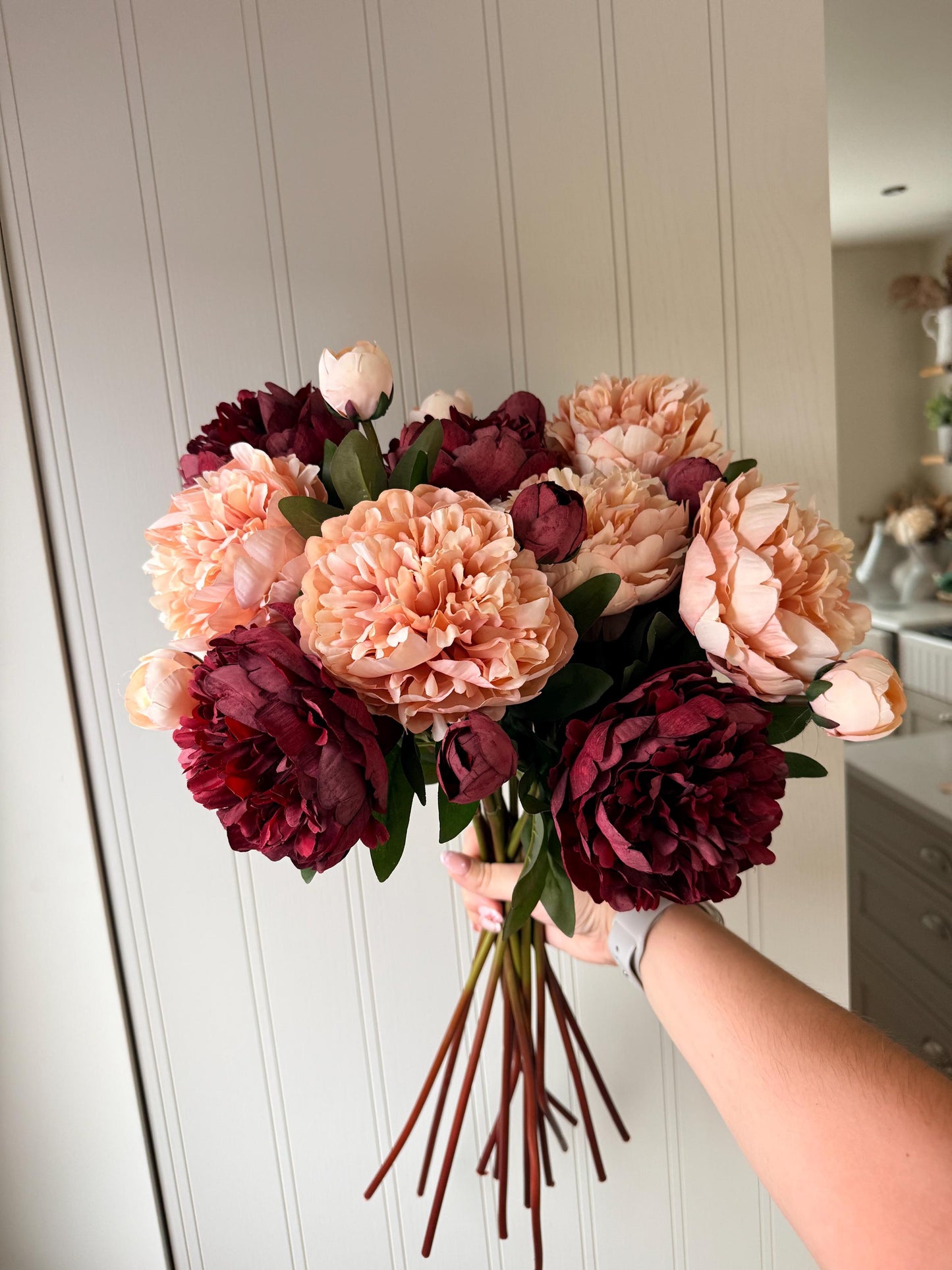 Burgundy and Pale Pink Peony Realistic Artificial Faux Silk Flower Stem