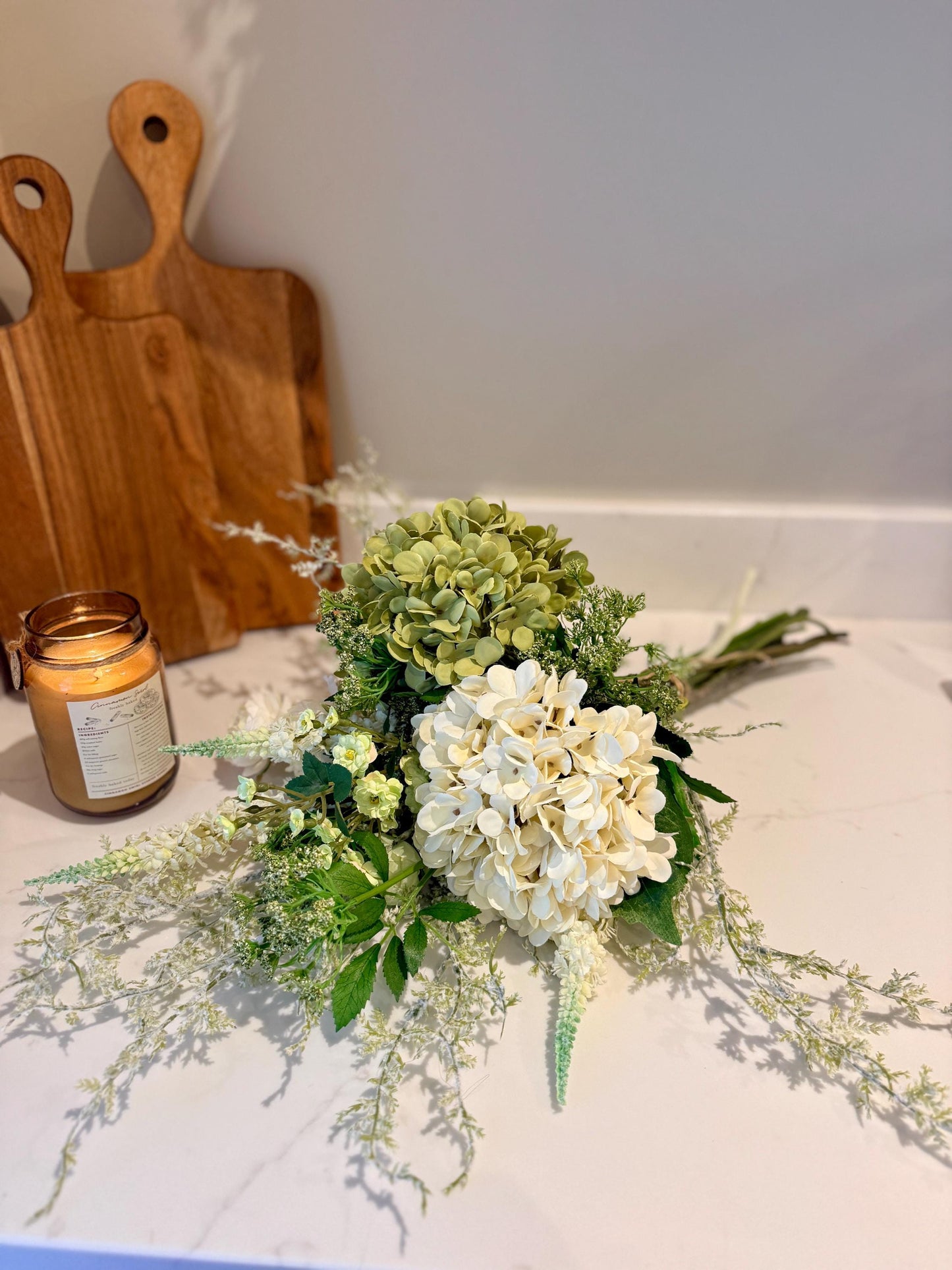 Daphne Handmade Faux Flower Arrangement | Luxury White & Green Hydrangea Bouquet