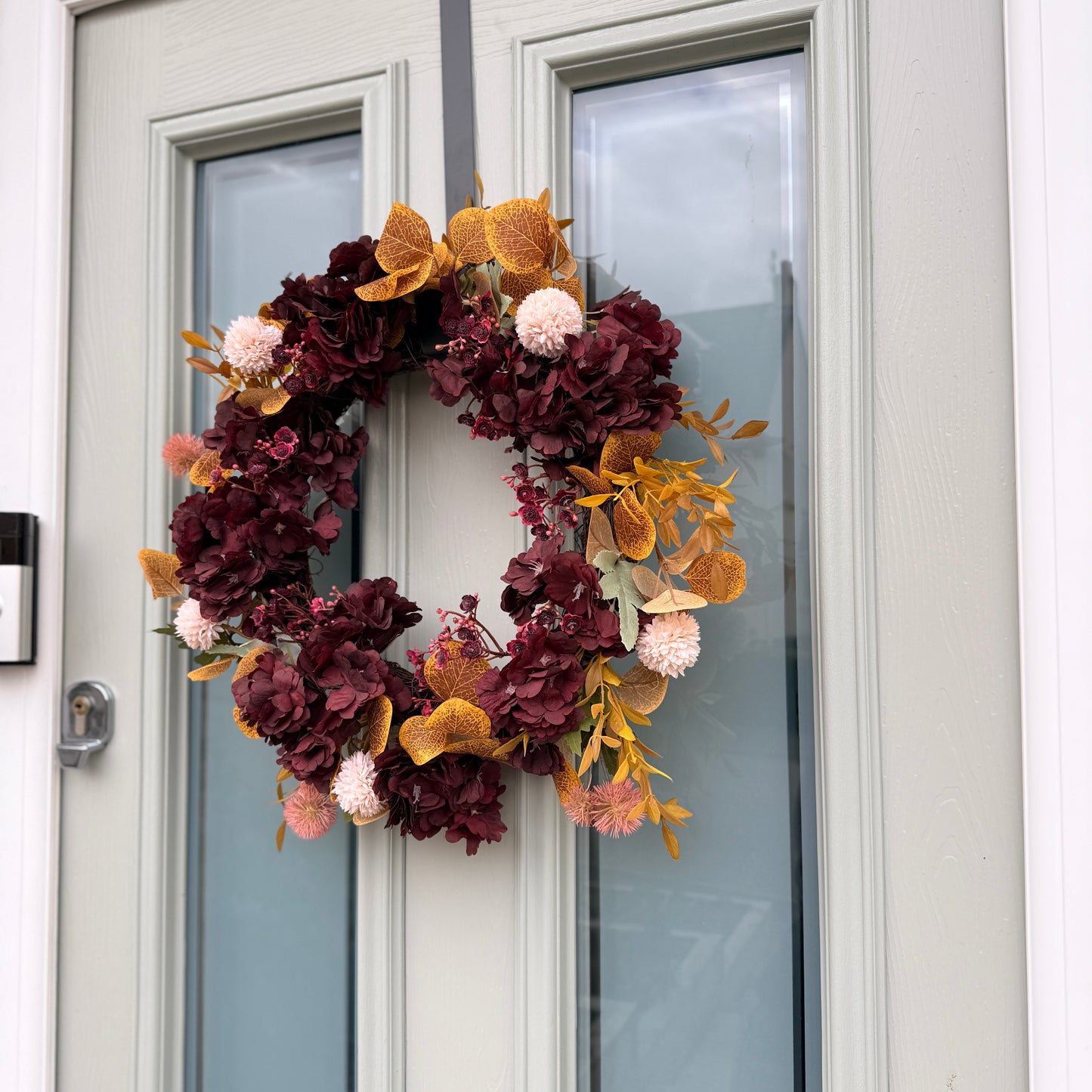 Autumn Burgundy & Mustard Floral Door Wreath | Handmade Front Door Decoration | Fall Hydrangea Wreath | Rustic Home Decor
