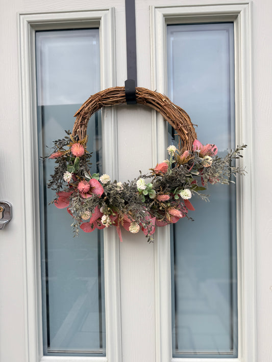 Handmade Rustic Dried Flower Wreath | Natural Grapevine Door Wreath | Pink & Cream Wildflower Wreath | Country Cottage Decor