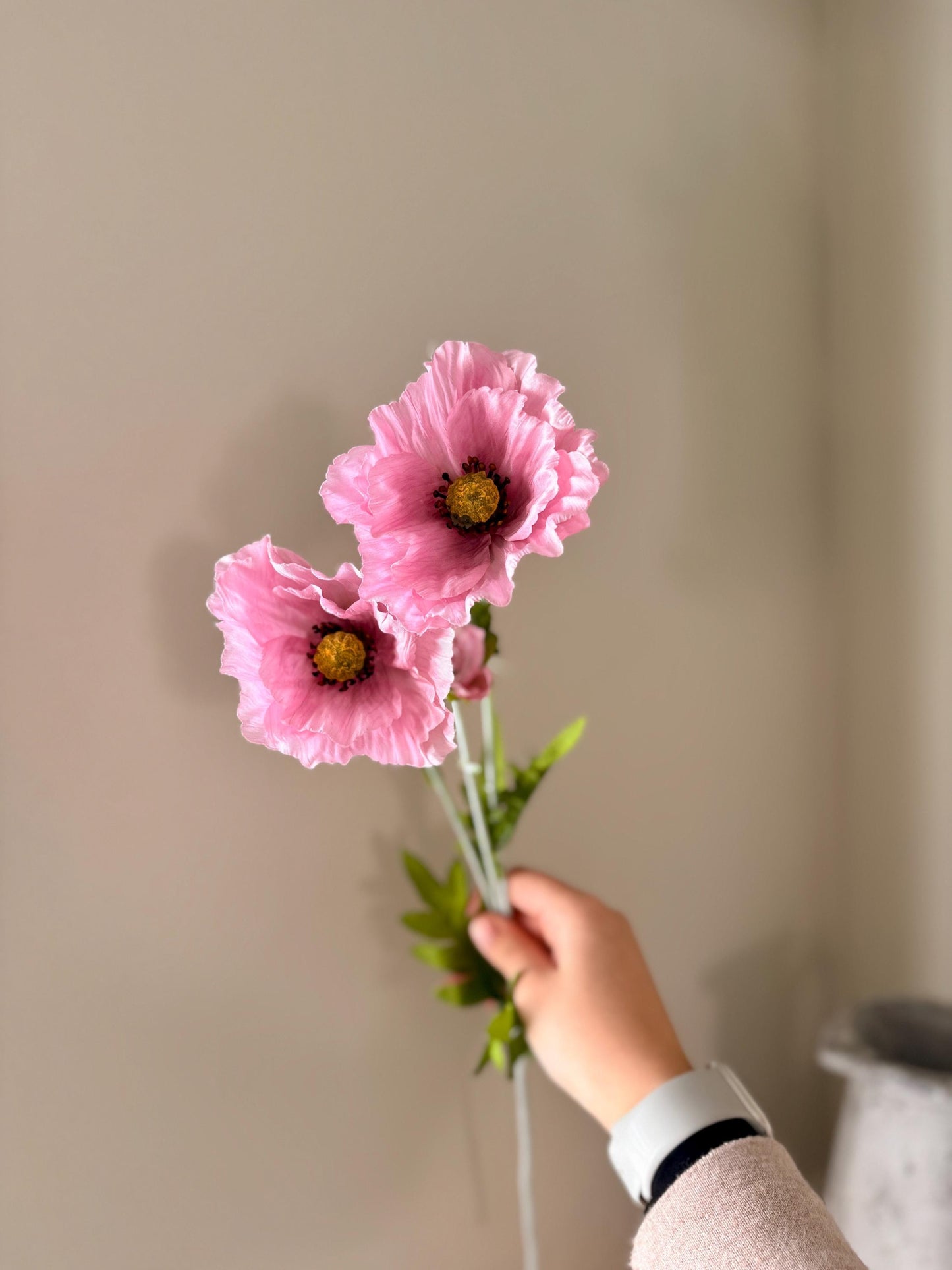 Tall Poppy Stems in Pink & White – Artificial Flowers | Realistic Poppies for Vases, Rustic Farmhouse Modern Home Decor