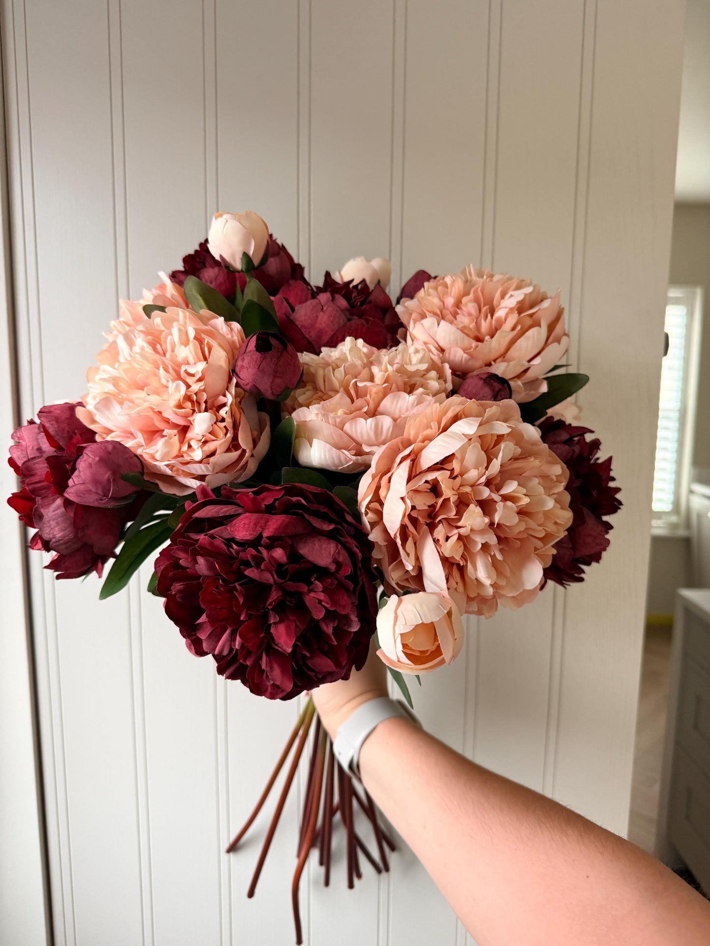 Burgundy and Pale Pink Peony Realistic Artificial Faux Silk Flower Stem
