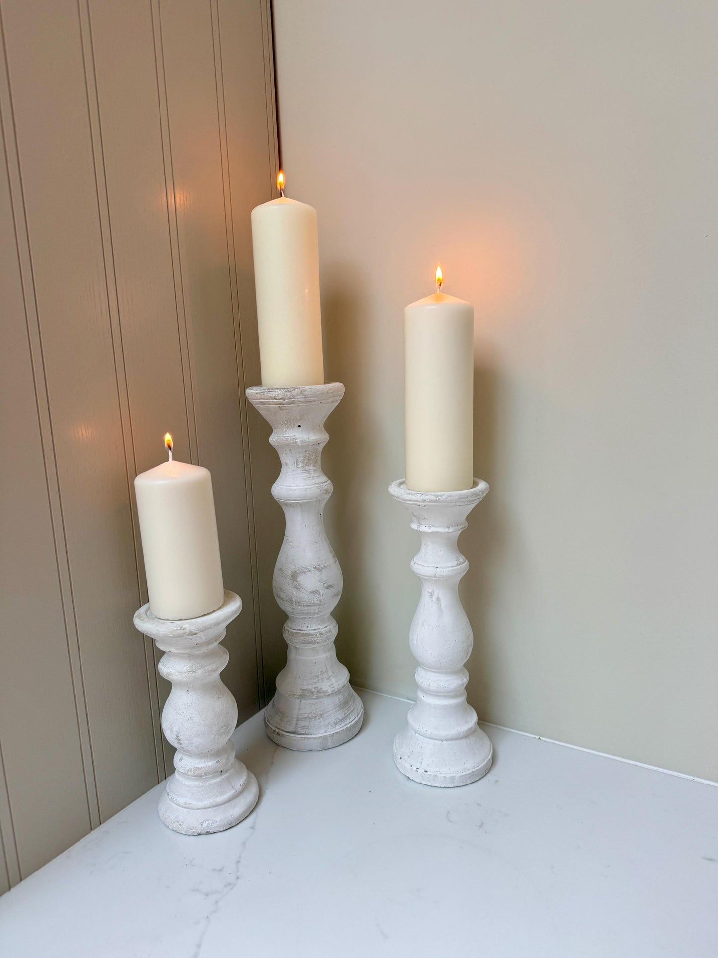 Handcrafted Whitewashed Stone Pillar Candle Stick Stand Holders