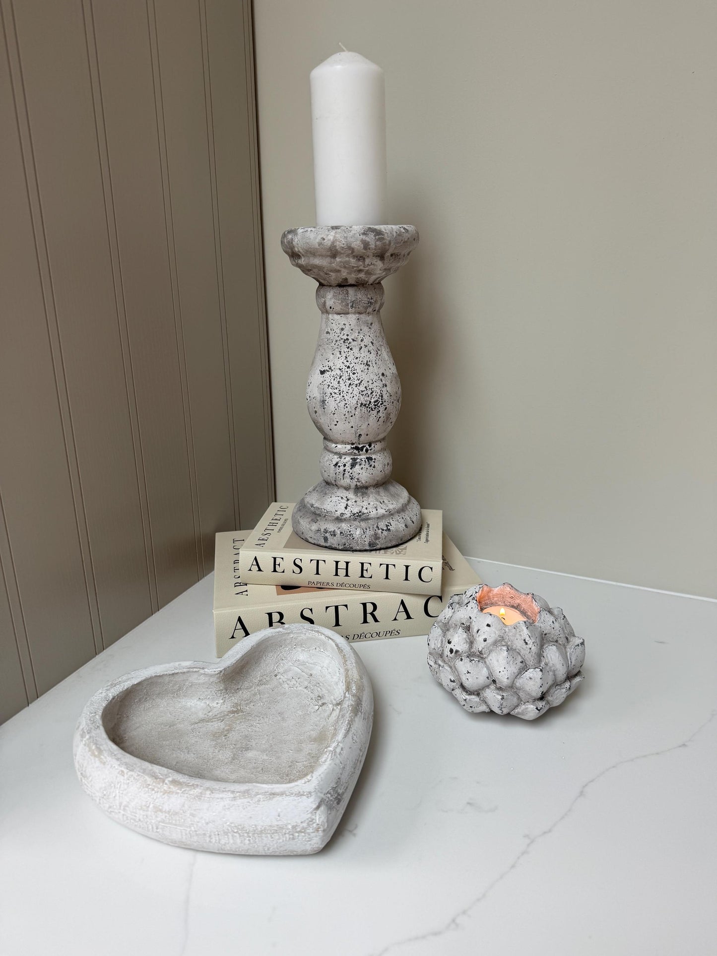 Rustic White Washed Grey Heart-Shaped Stone Trinket Dish