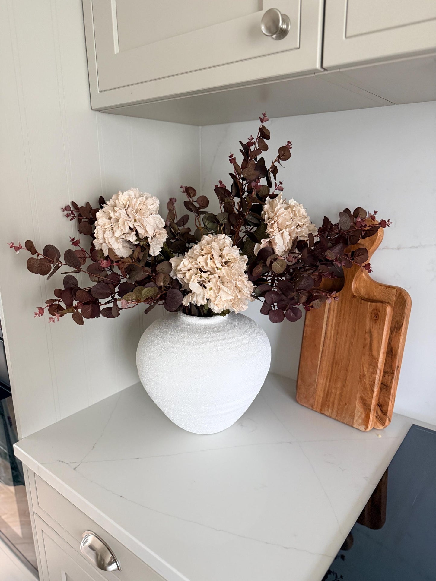 Handmade Luxury Silk Autumn Floral Arrangement | Burgundy and Blush Dried Hydrangea Artificial Flower Bouquet with White Vase - "Nala"