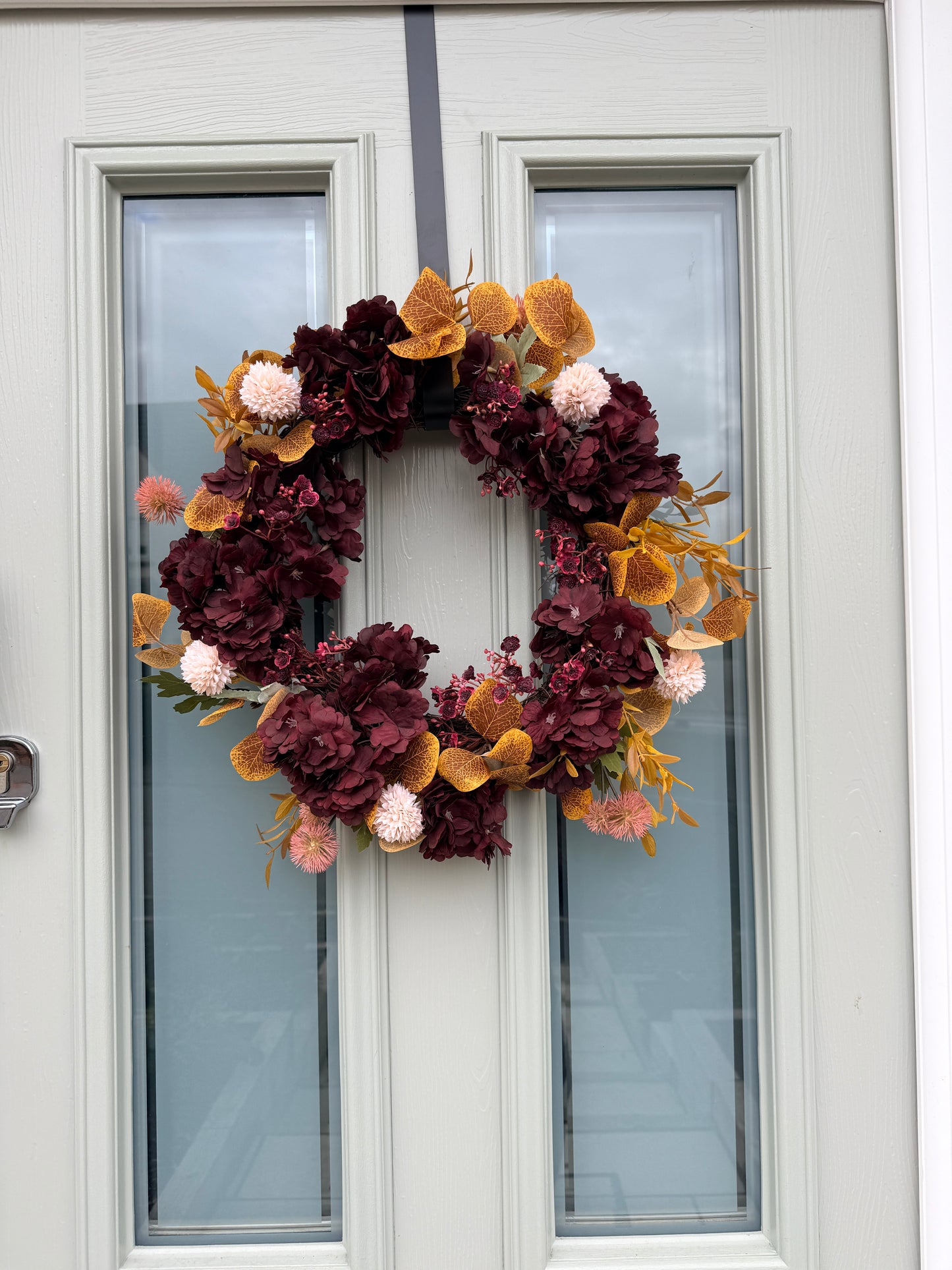 Autumn Burgundy & Mustard Floral Door Wreath | Handmade Front Door Decoration | Fall Hydrangea Wreath | Rustic Home Decor