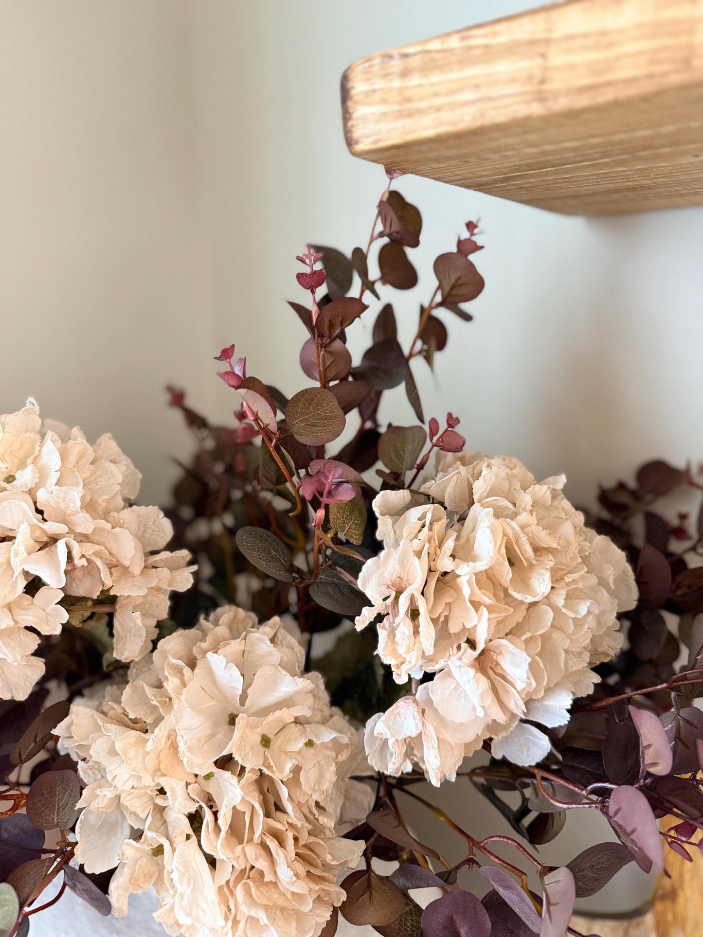 Handmade Luxury Silk Autumn Floral Arrangement | Burgundy and Blush Dried Hydrangea Artificial Flower Bouquet with White Vase - "Nala"