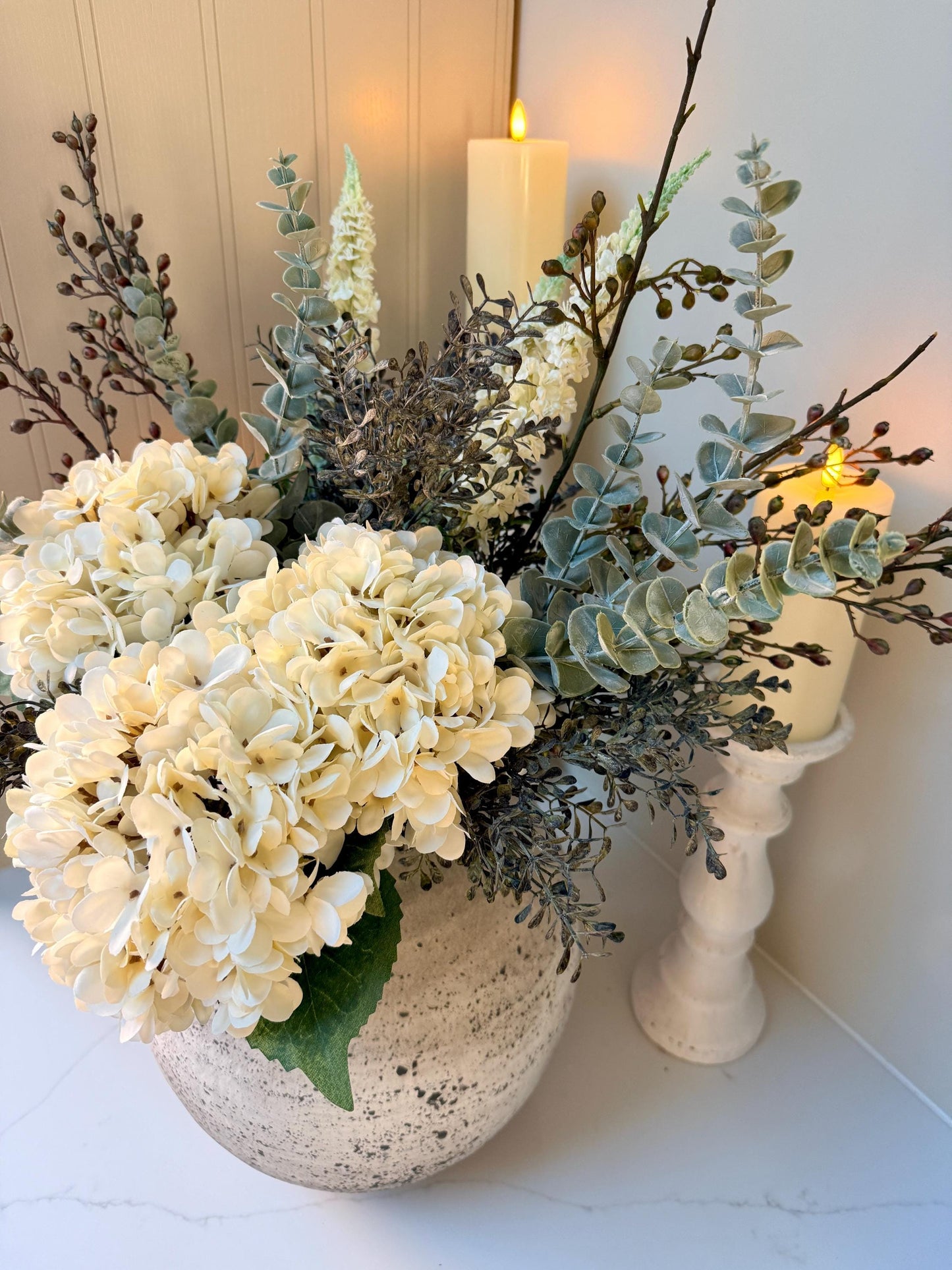 Gracie – Luxury Silk Autumn Floral Arrangement | White Hydrangea and Eucalyptus