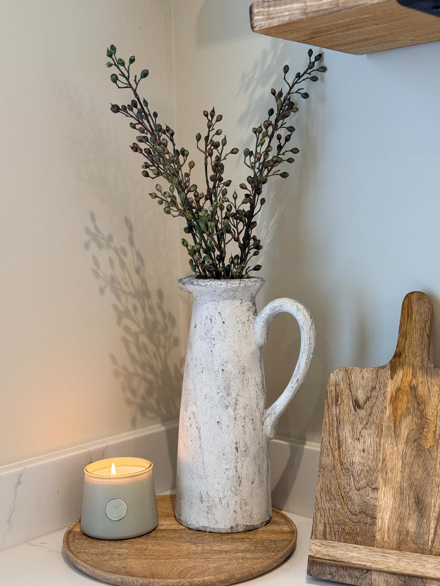 Tall Rustic Stone Jug Vase – Distressed Grey Concrete Effect with Autumn Berry Stems