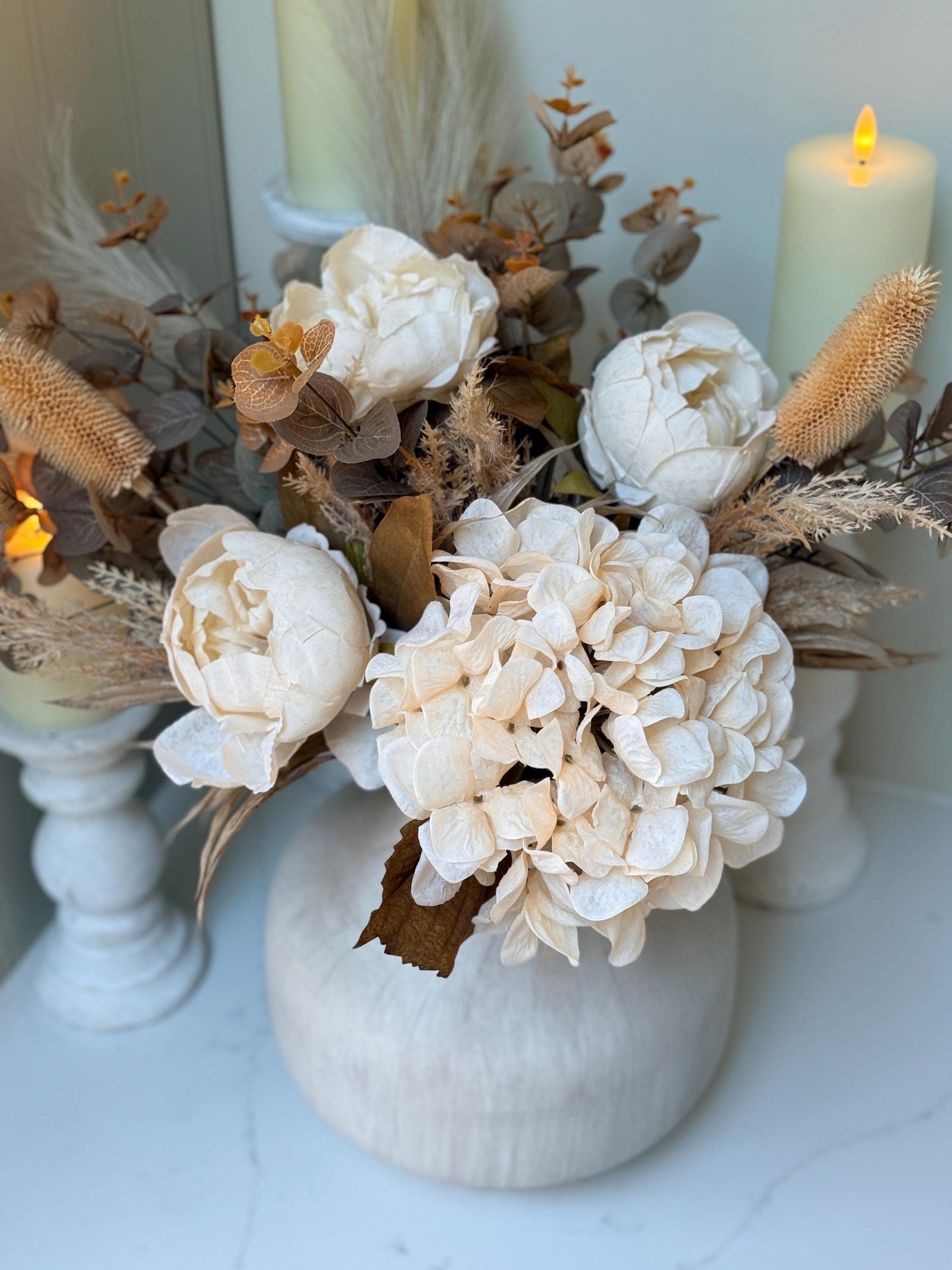 Sophia | Handmade Autumn Dried Look Boho Faux Flower Arrangement with Peonies, Hydrangea, Pampas & Eucalyptus | Neutral Wedding Flowers
