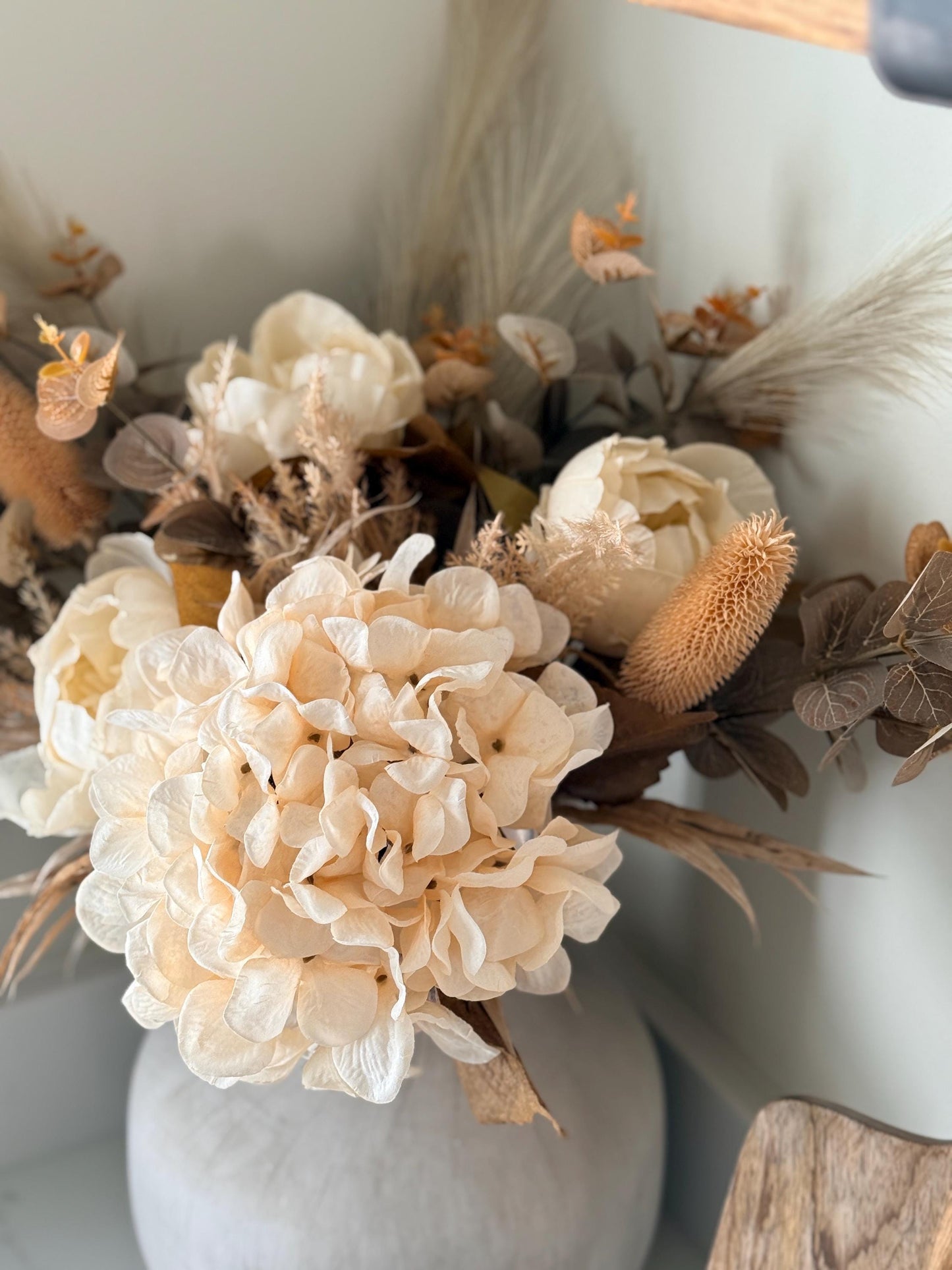 Sophia | Handmade Autumn Dried Look Boho Faux Flower Arrangement with Peonies, Hydrangea, Pampas & Eucalyptus | Neutral Wedding Flowers