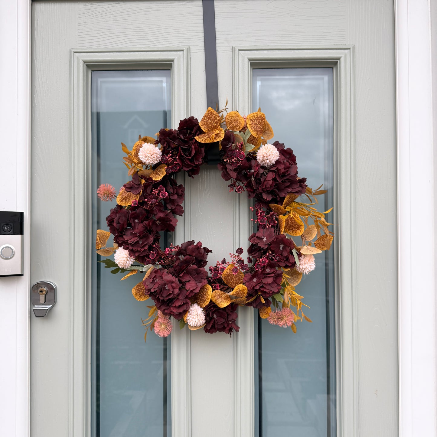 Autumn Burgundy & Mustard Floral Door Wreath | Handmade Front Door Decoration | Fall Hydrangea Wreath | Rustic Home Decor