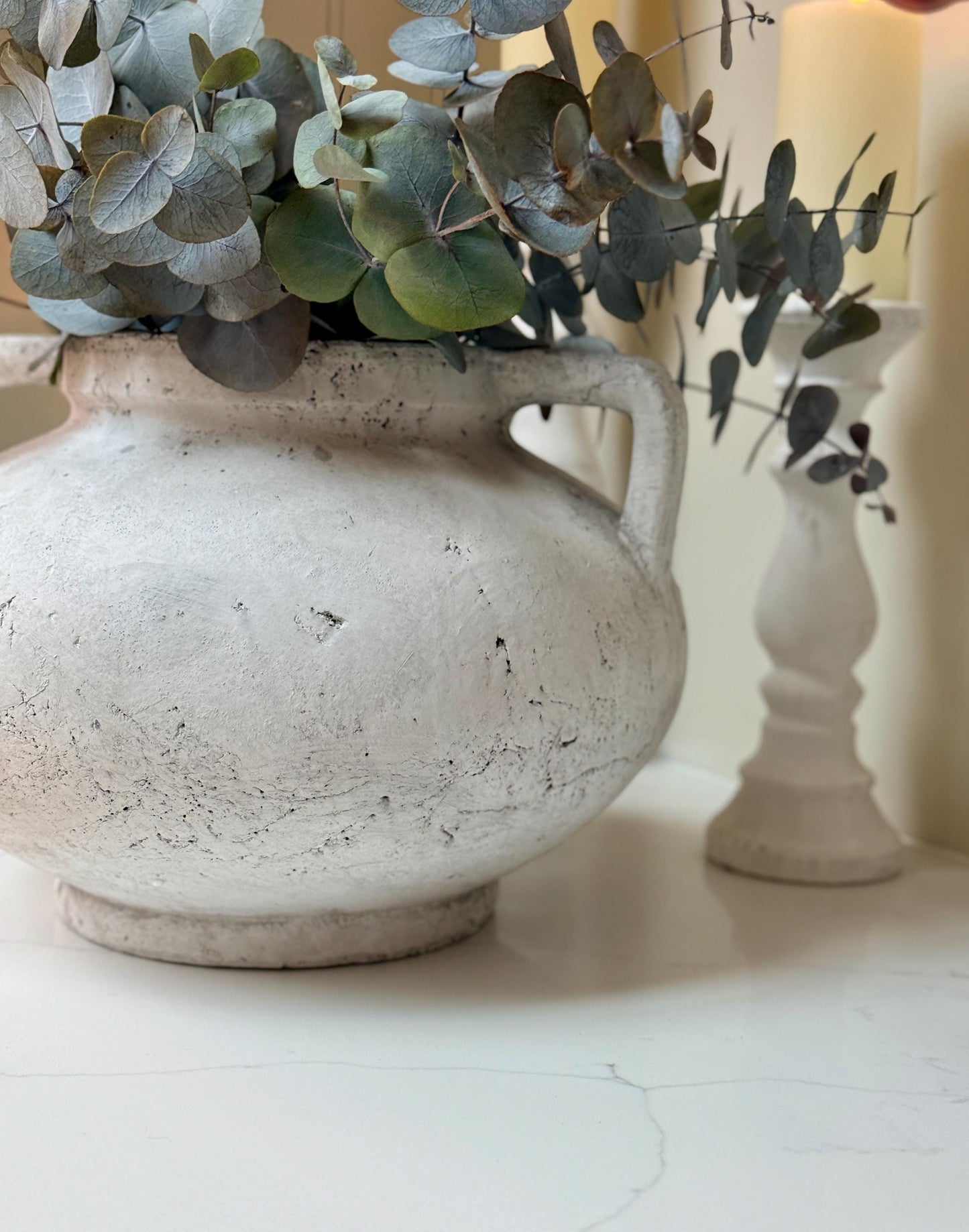 Large Rustic Stone Vase with Handles: Distressed Grey Concrete Finish