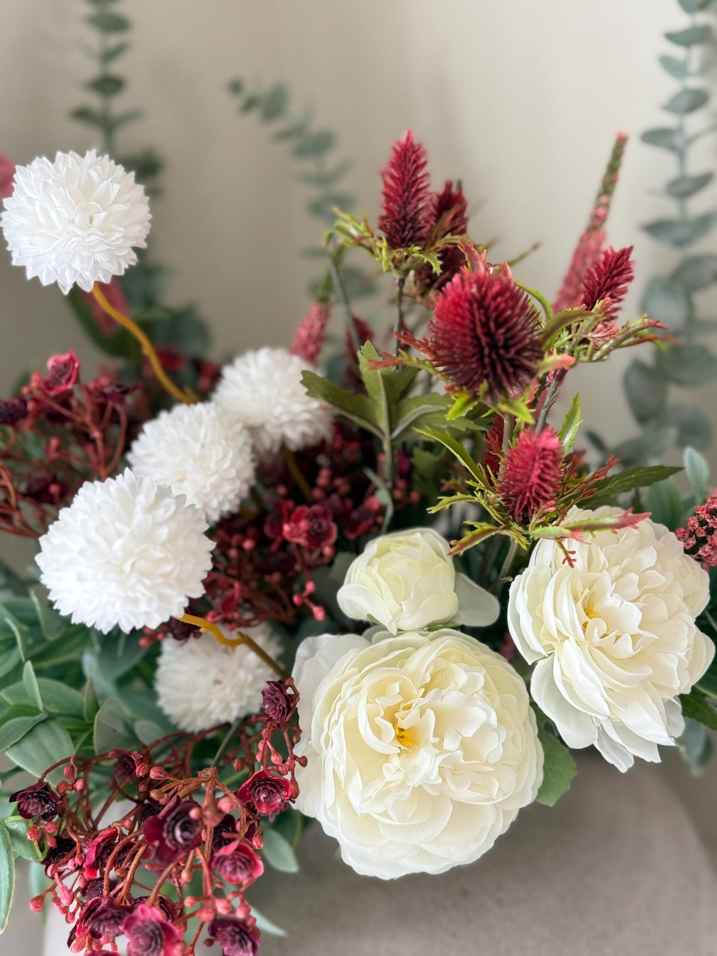 Aurora – Handmade Luxury Autumn Faux Burgundy Flower Cream Ranunculus Arrangement