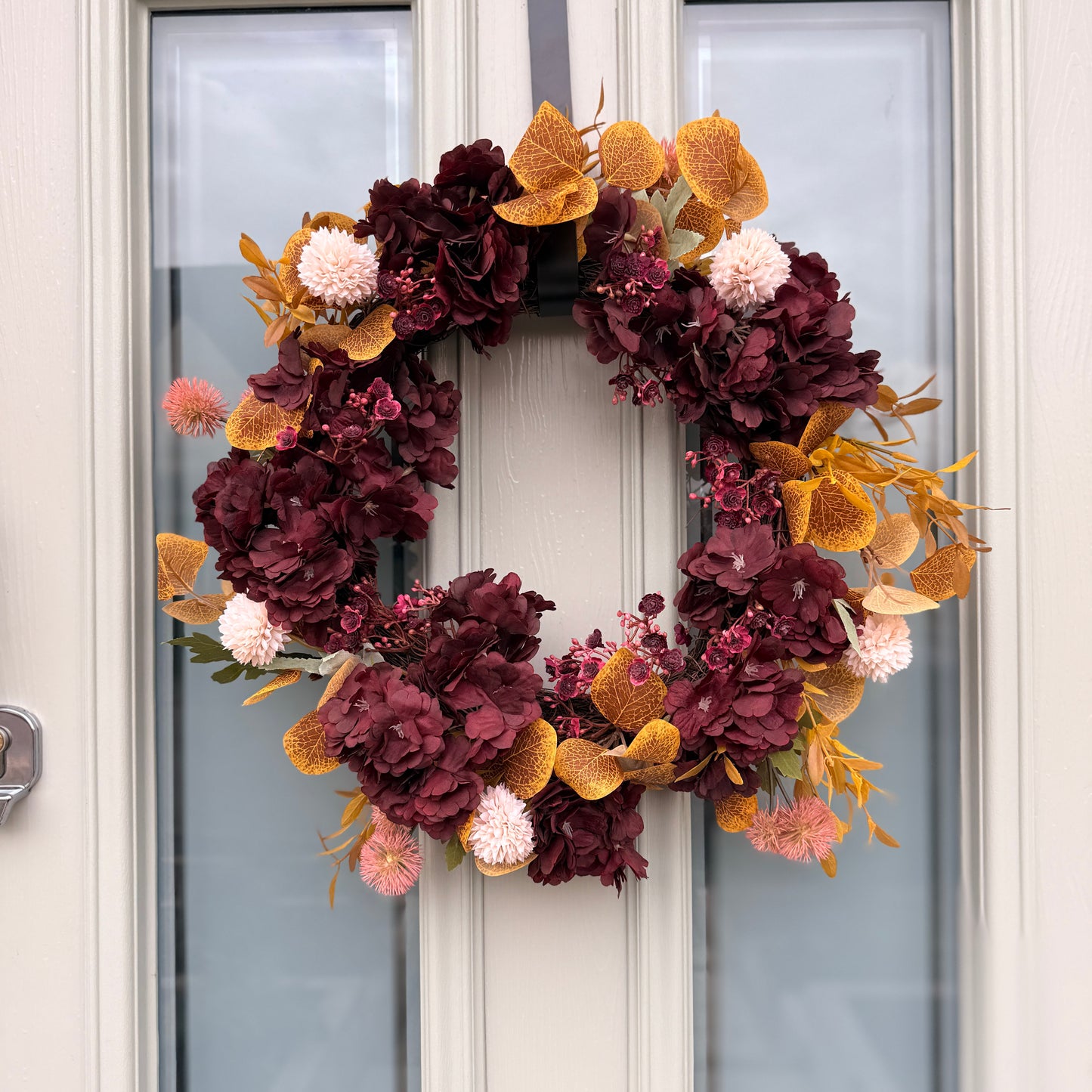 Autumn Burgundy & Mustard Floral Door Wreath | Handmade Front Door Decoration | Fall Hydrangea Wreath | Rustic Home Decor