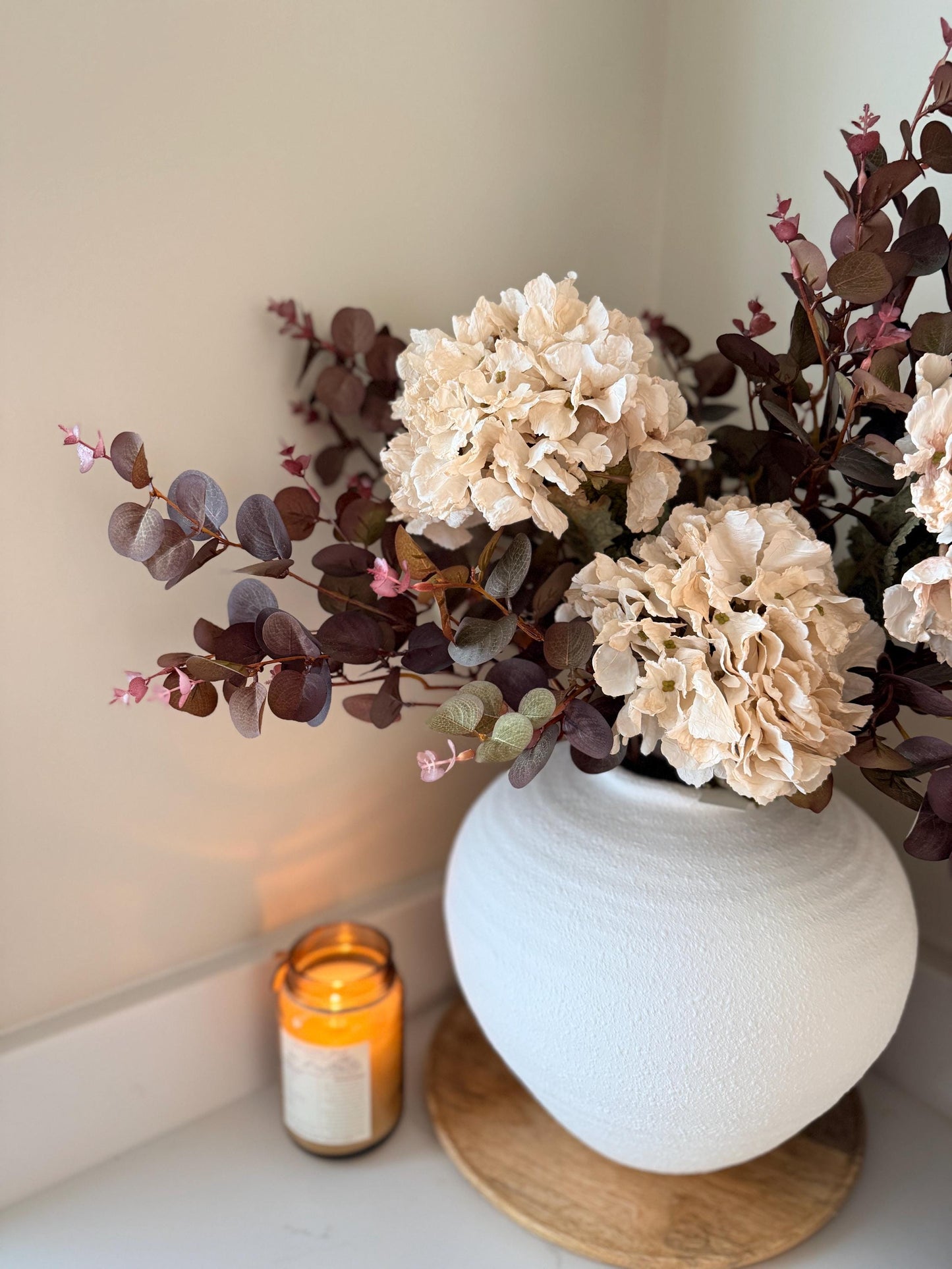 Handmade Luxury Silk Autumn Floral Arrangement | Burgundy and Blush Dried Hydrangea Artificial Flower Bouquet with White Vase - "Nala"