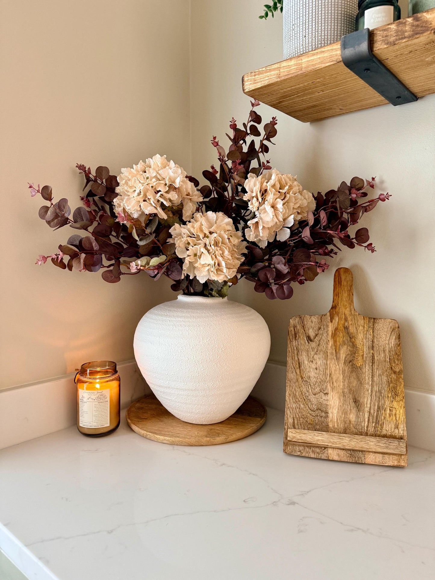 Handmade Luxury Silk Autumn Floral Arrangement | Burgundy and Blush Dried Hydrangea Artificial Flower Bouquet with White Vase - "Nala"
