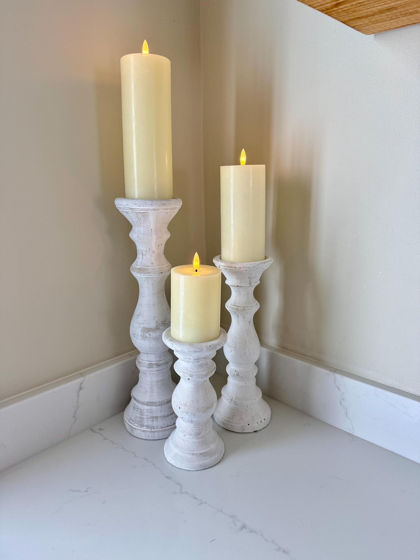 Handcrafted Whitewashed Stone Pillar Candle Stick Stand Holders