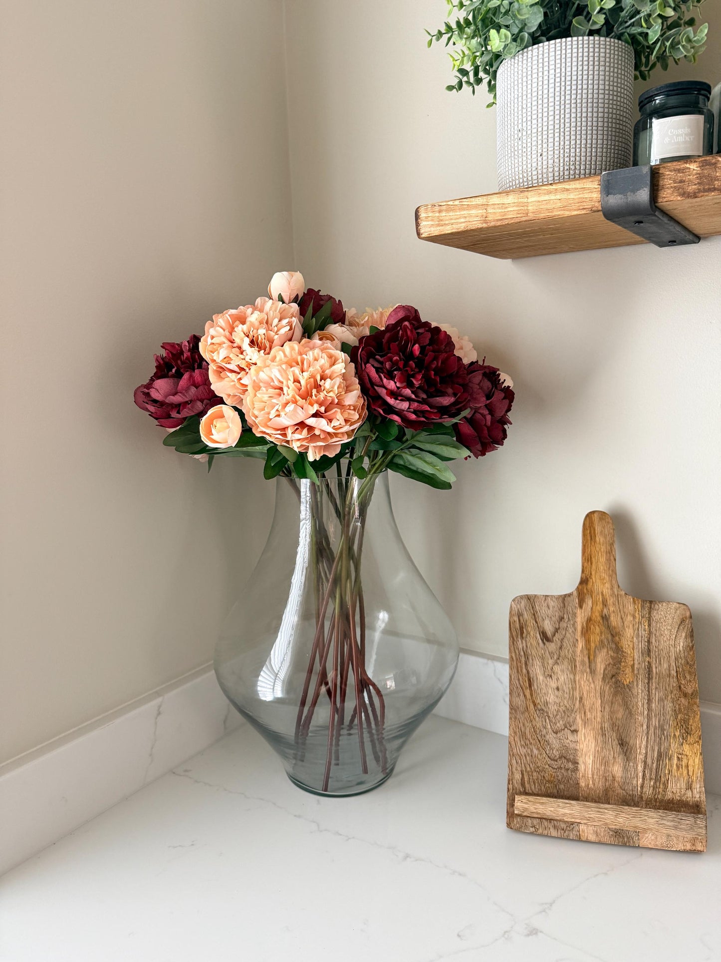 Burgundy and Pale Pink Peony Realistic Artificial Faux Silk Flower Stem