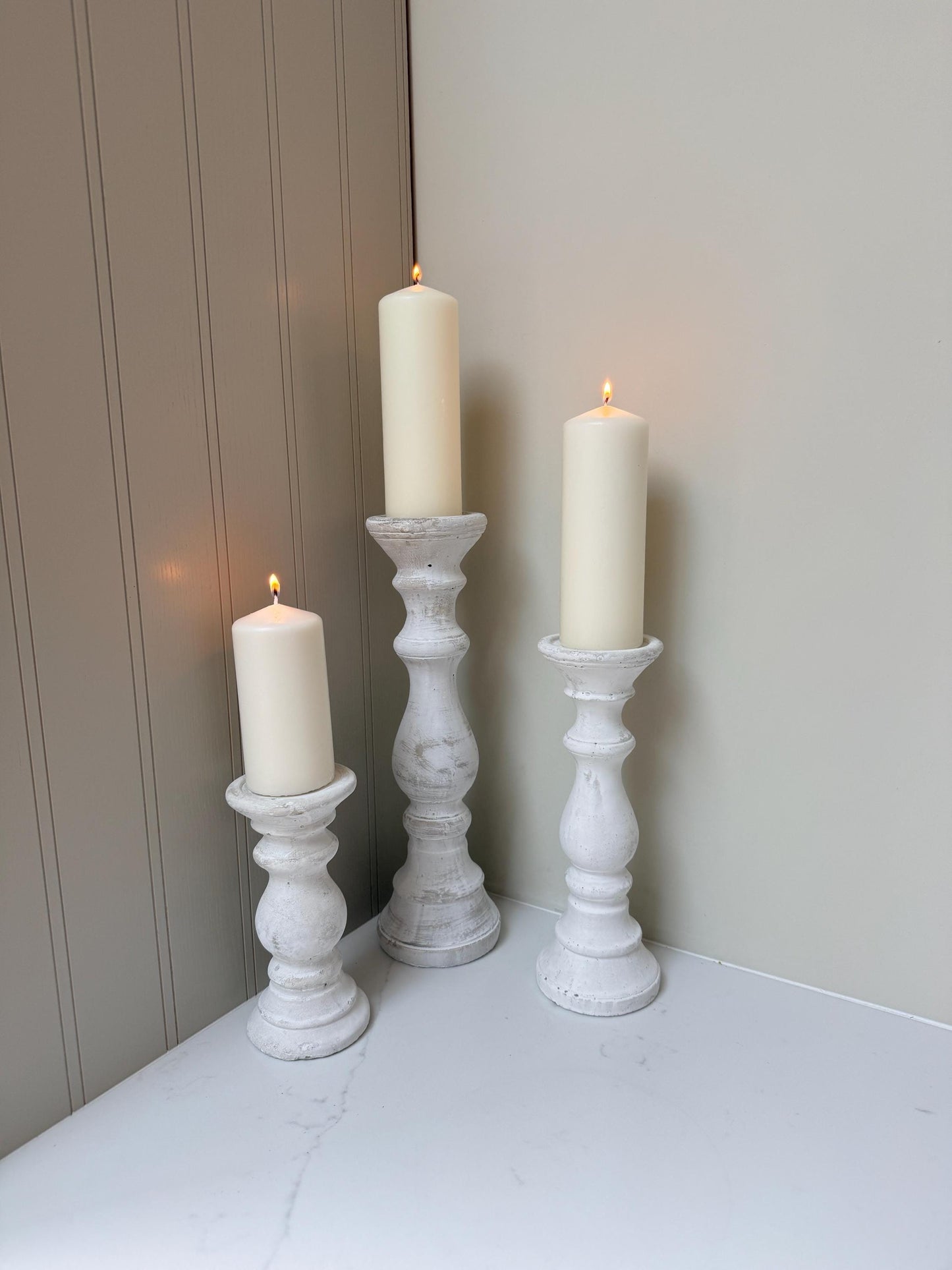 Handcrafted Whitewashed Stone Pillar Candle Stick Stand Holders
