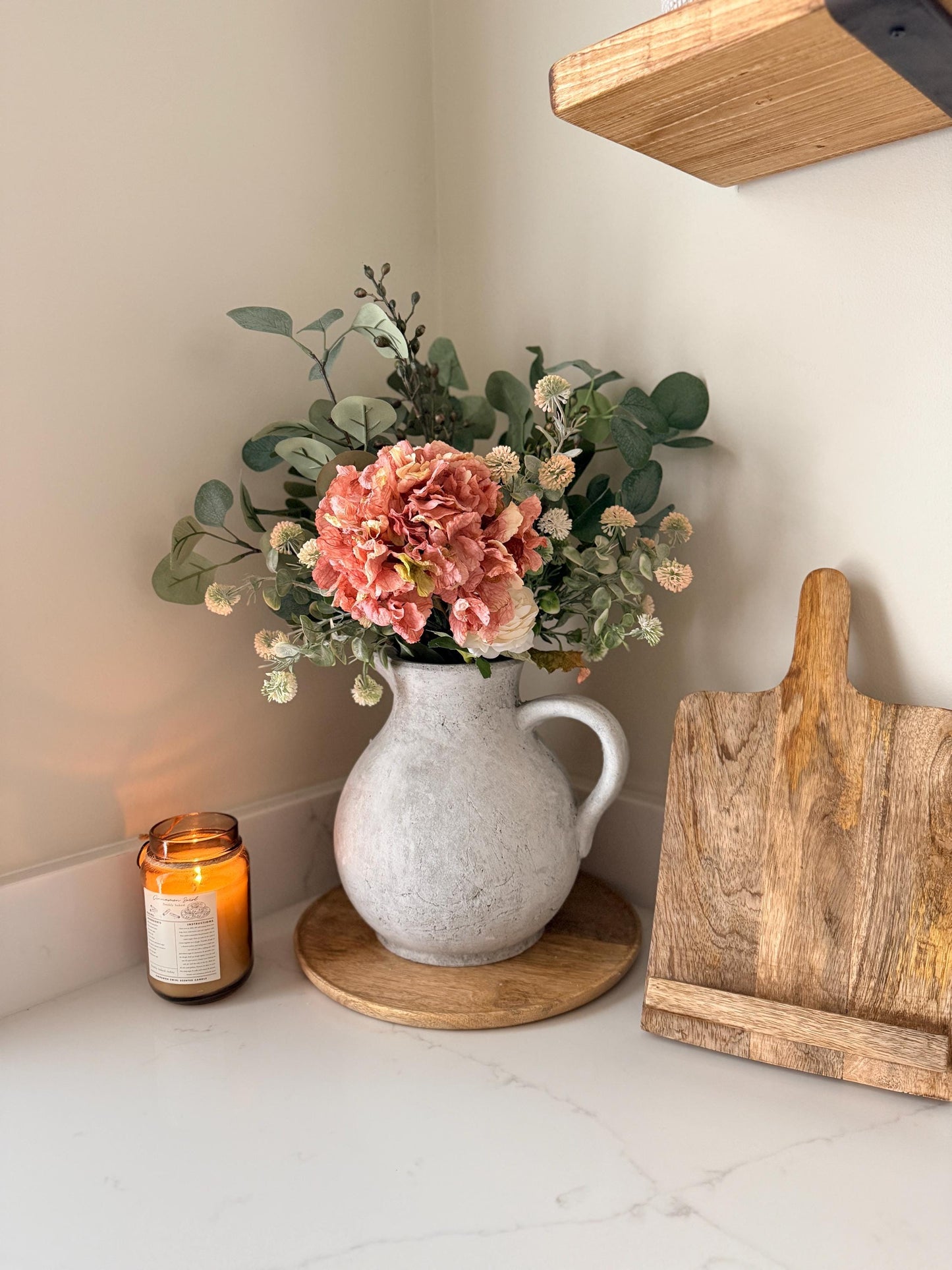 Mabel – Handmade Luxury Silk Autumn Floral Arrangement | Rustic Jug Vase | Hydrangea, Ranunculus and Eucalyptus
