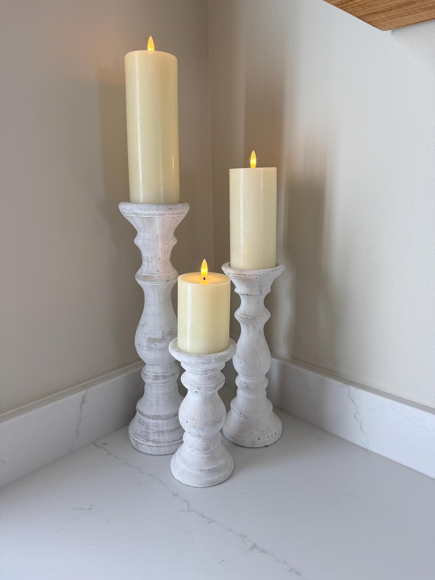 Handcrafted Whitewashed Stone Pillar Candle Stick Stand Holders