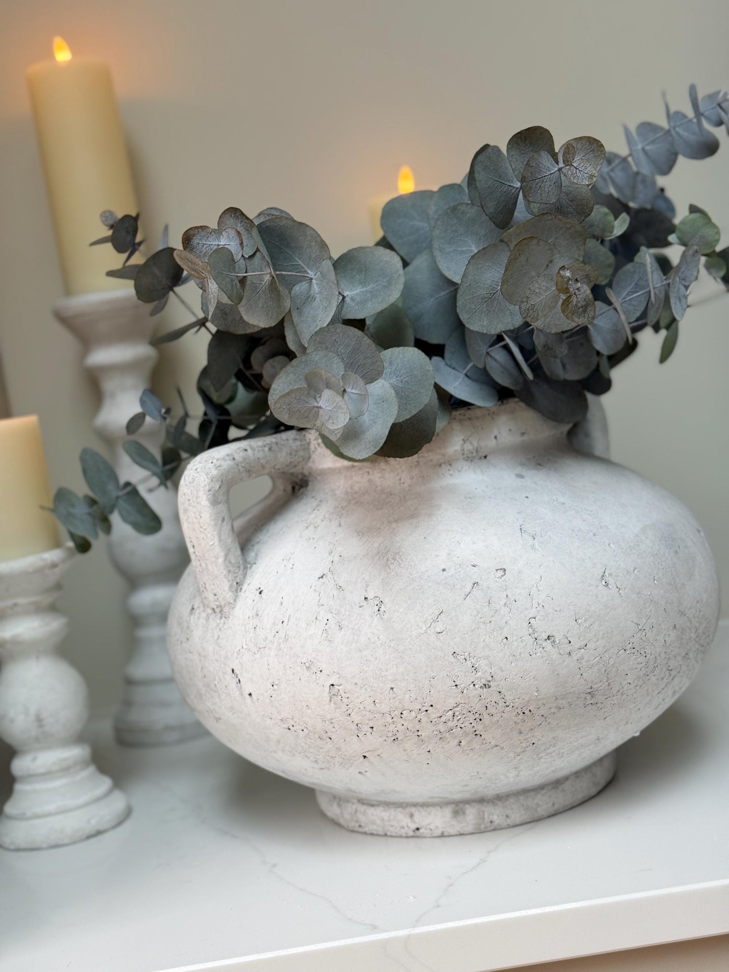 Large Rustic Stone Vase with Handles: Distressed Grey Concrete Finish