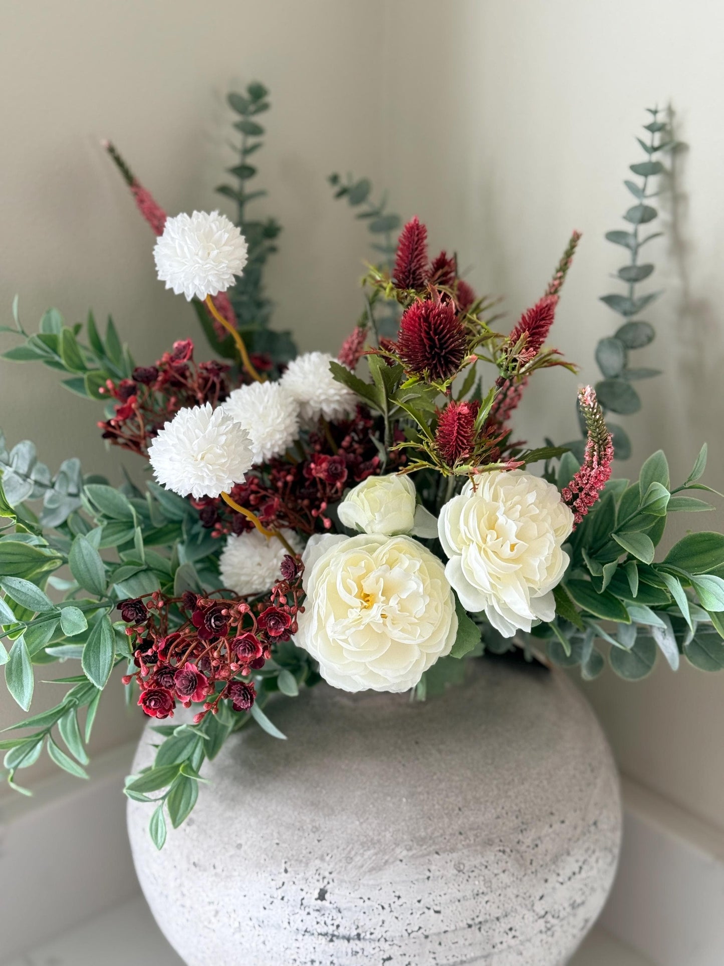 Aurora – Handmade Luxury Autumn Faux Burgundy Flower Cream Ranunculus Arrangement