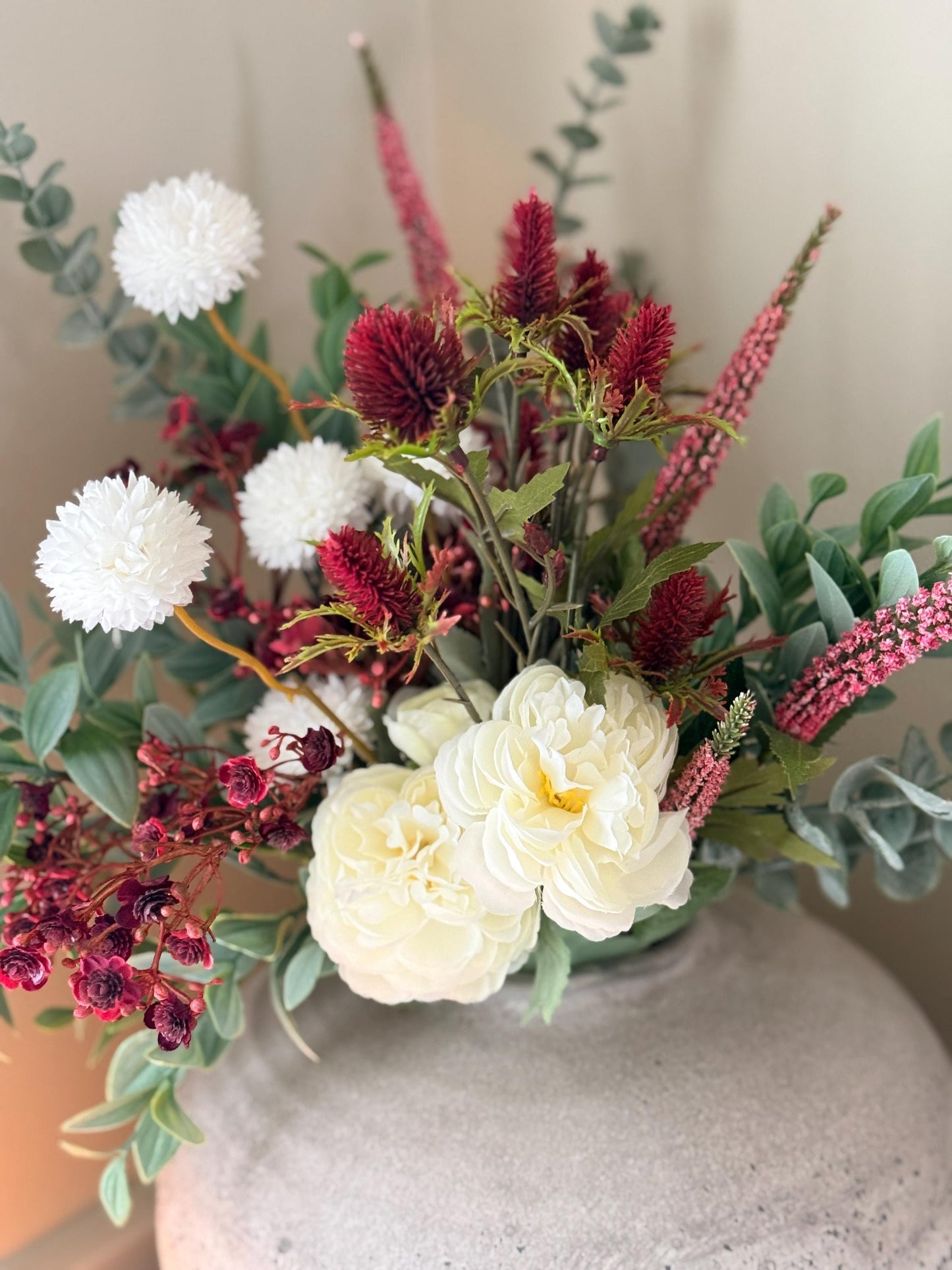 Aurora – Handmade Luxury Autumn Faux Burgundy Flower Cream Ranunculus Arrangement
