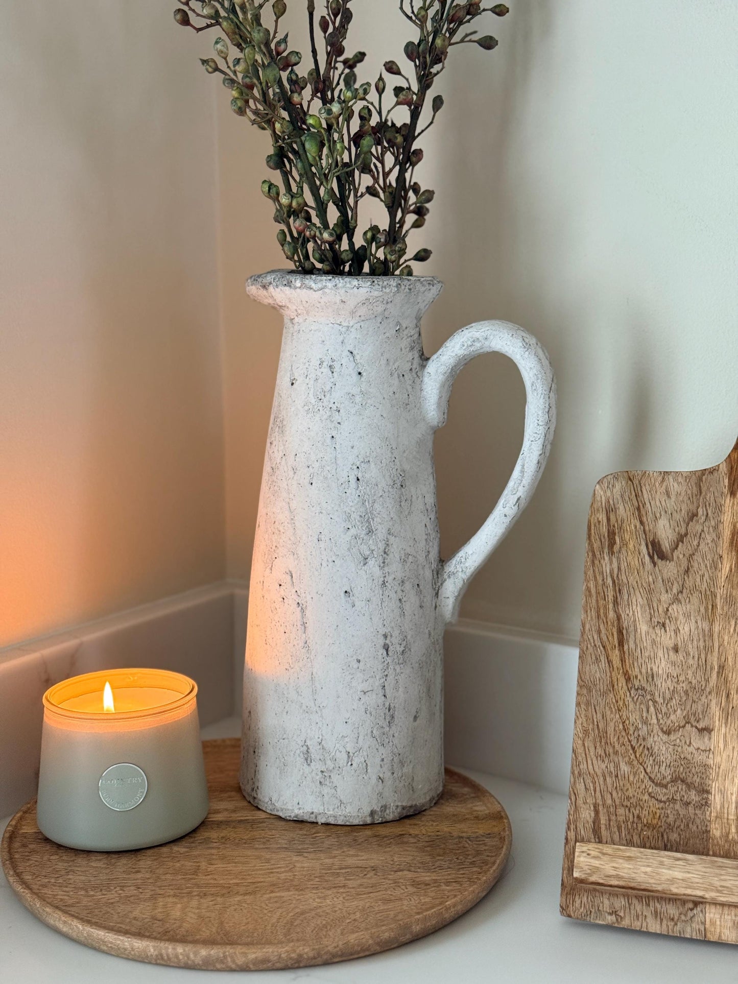 Tall Rustic Stone Jug Vase – Distressed Grey Concrete Effect with Autumn Berry Stems
