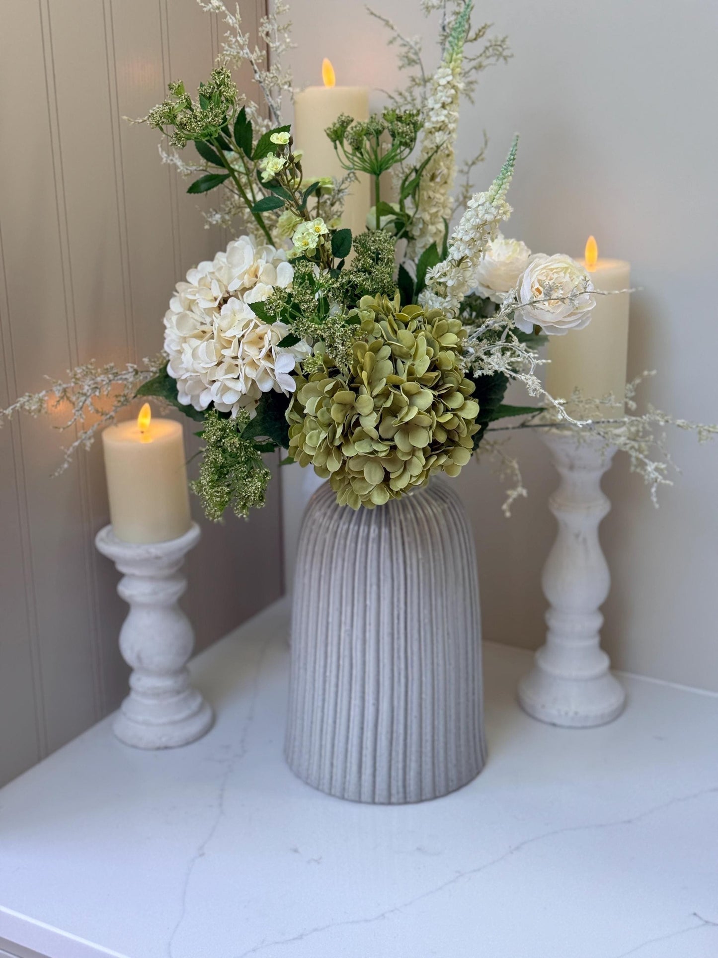 Daphne Faux Flower Arrangement | Luxury White & Green Hydrangea Display