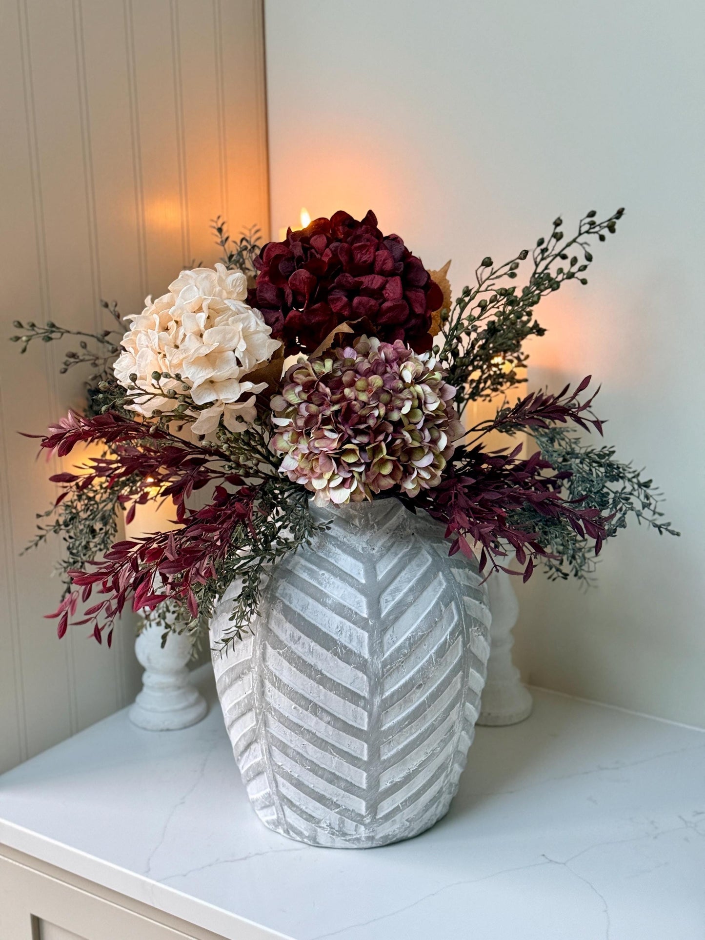 Luxury Silk Autumn Floral Arrangement | Blush & Burgundy Hydrangeas