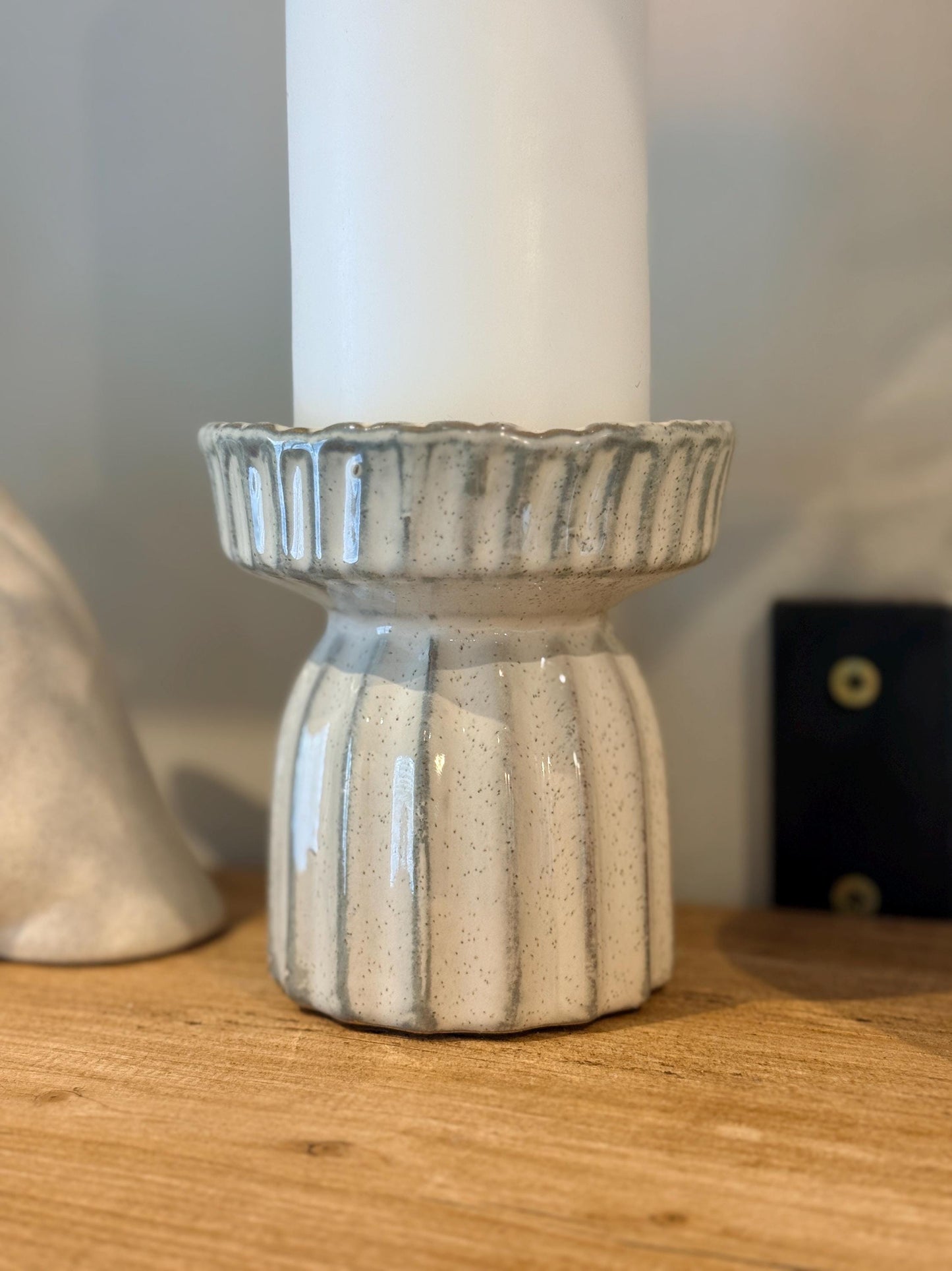 Handcrafted Neutral Ceramic Ribbed Beige Pillar Candle Stick Holder Stand