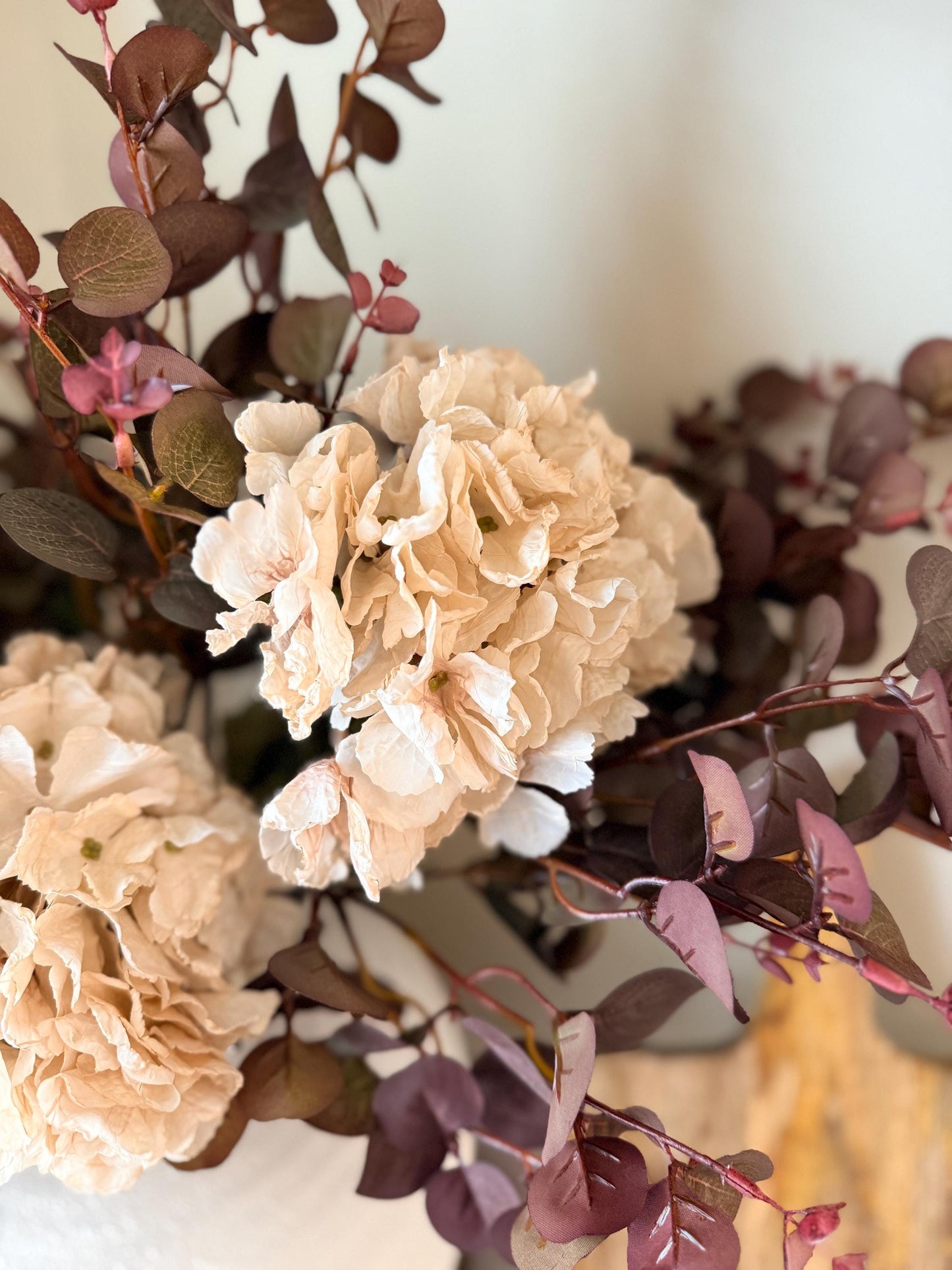 Handmade Luxury Silk Autumn Floral Arrangement | Burgundy and Blush Dried Hydrangea Artificial Flower Bouquet with White Vase - "Nala"